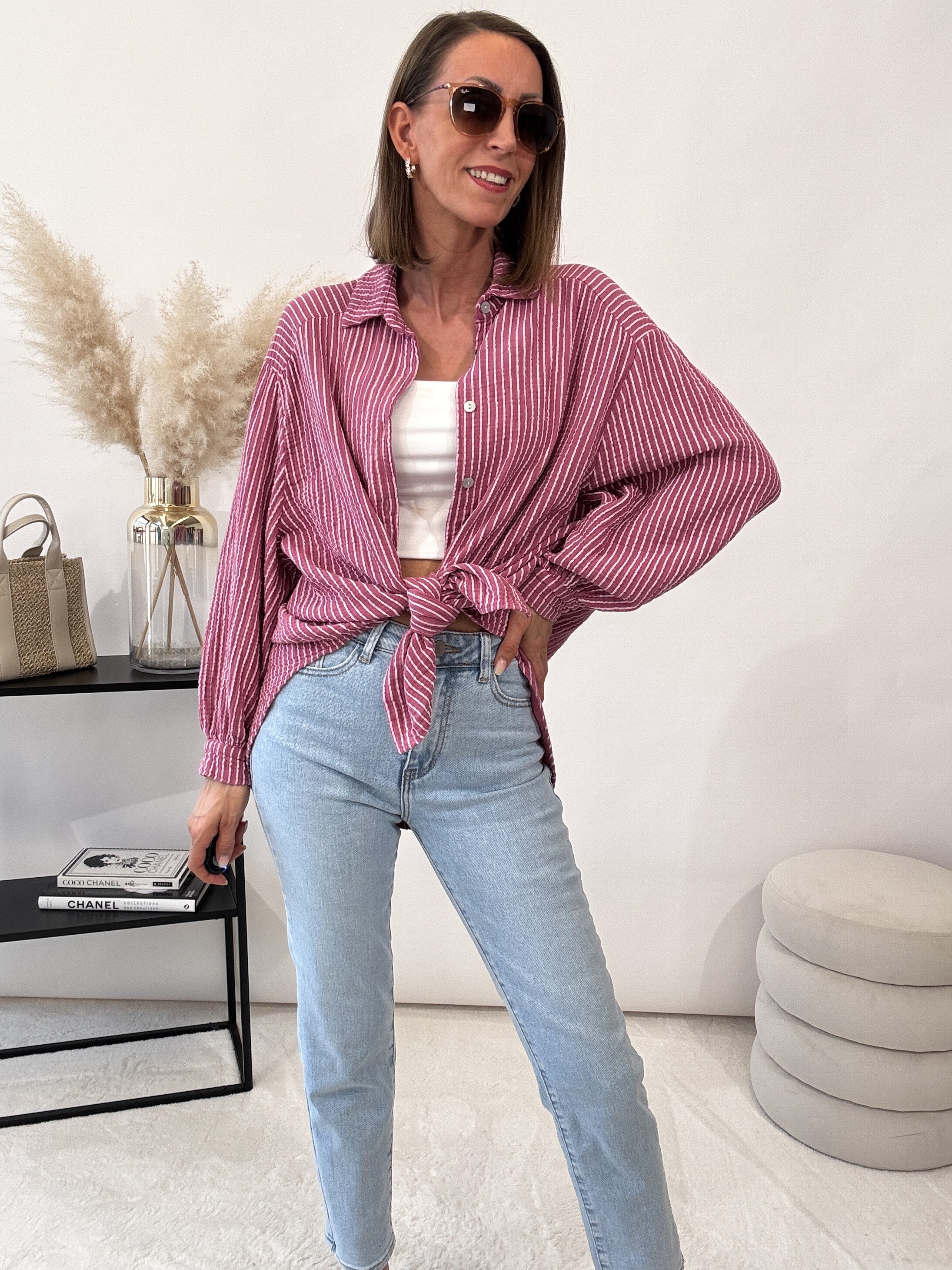 "Little Stripes" Musselin Bluse Midi mit Streifen - berry
