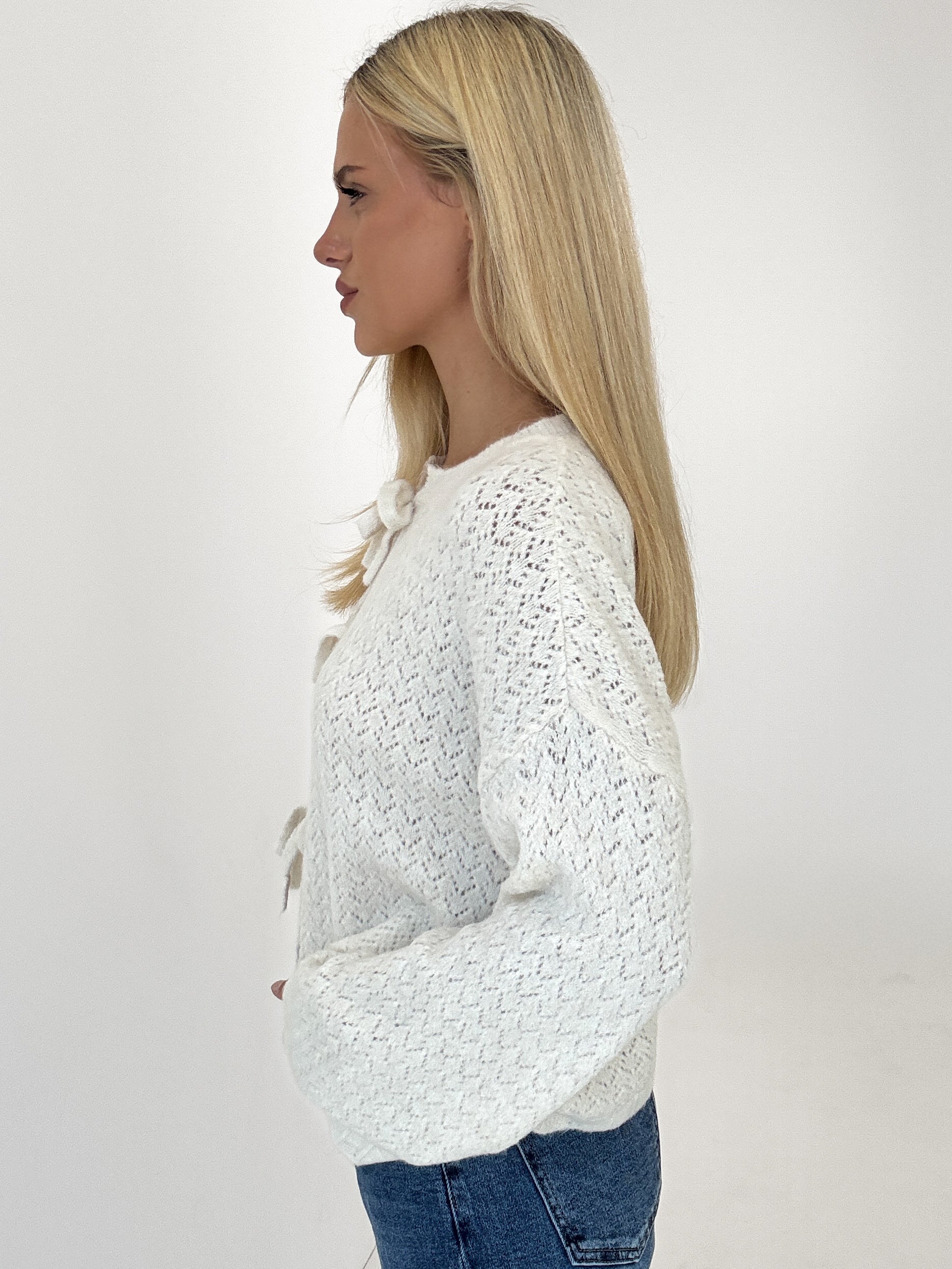 "Bellagio" süßer Cardigan mit Schleifen aus Lana Wolle - creme