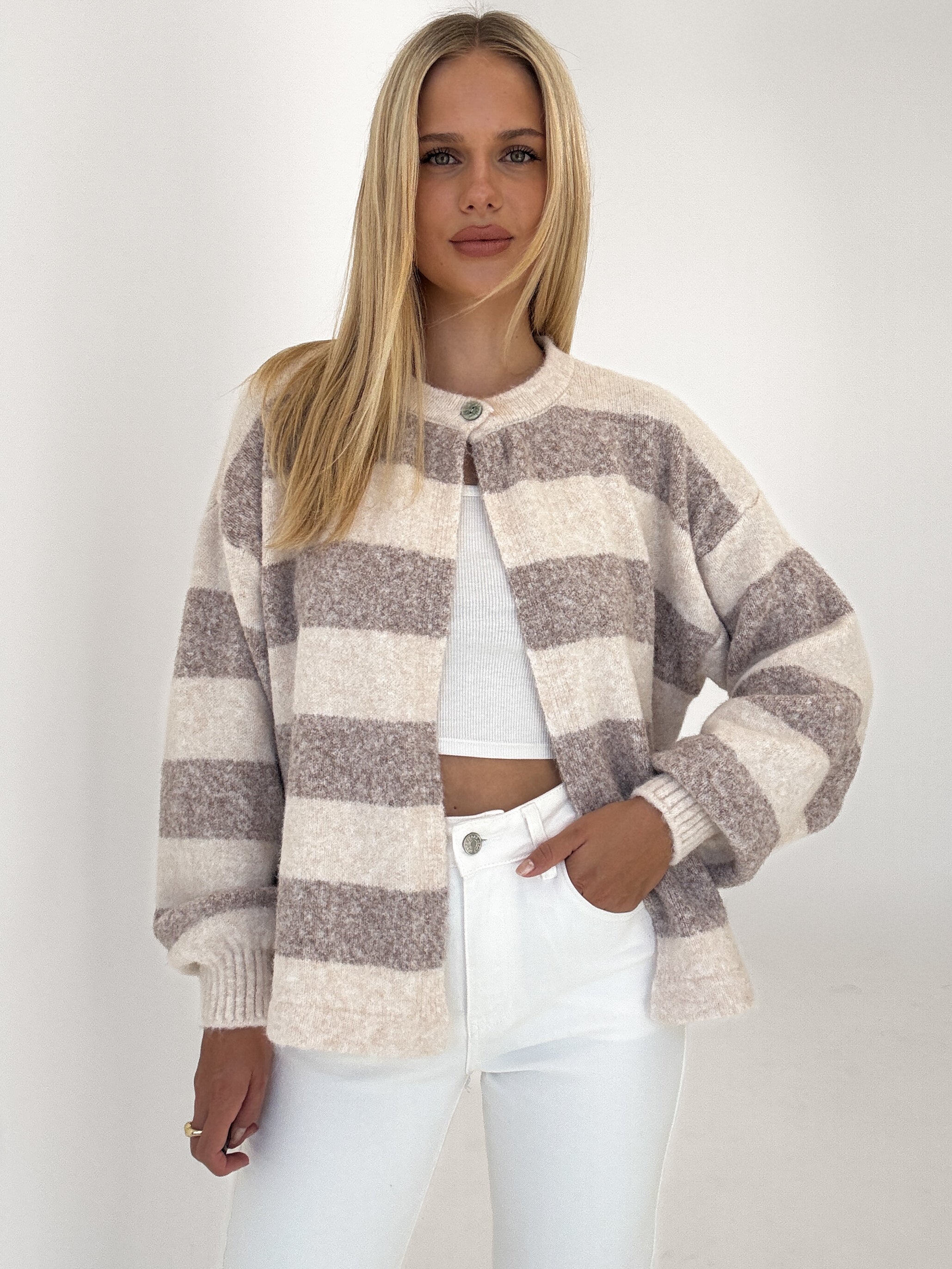 "Palermo Stripes" Cardigan aus Lanawolle - creme/mocca