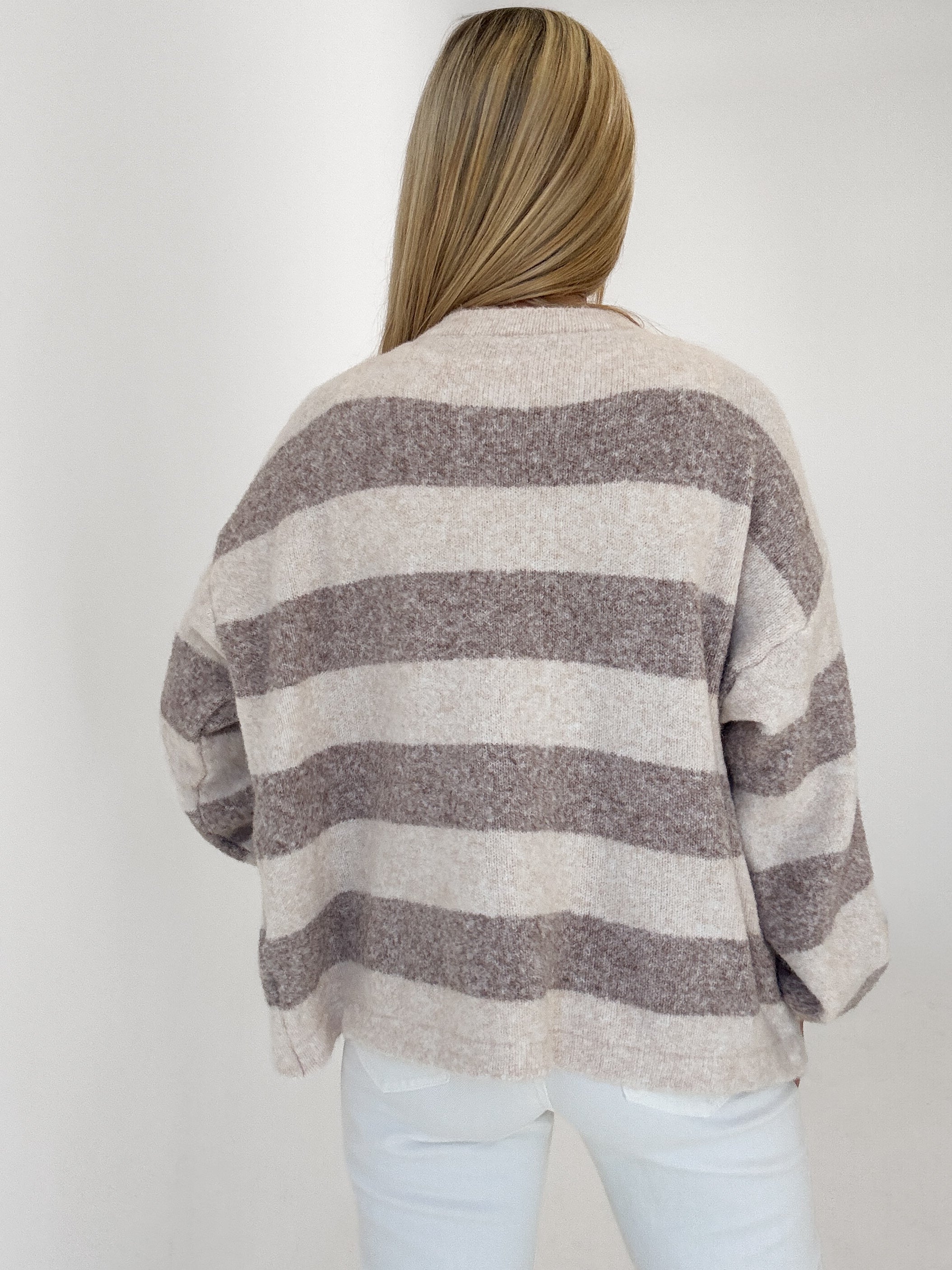 "Palermo Stripes" Cardigan aus Lanawolle - creme/mocca