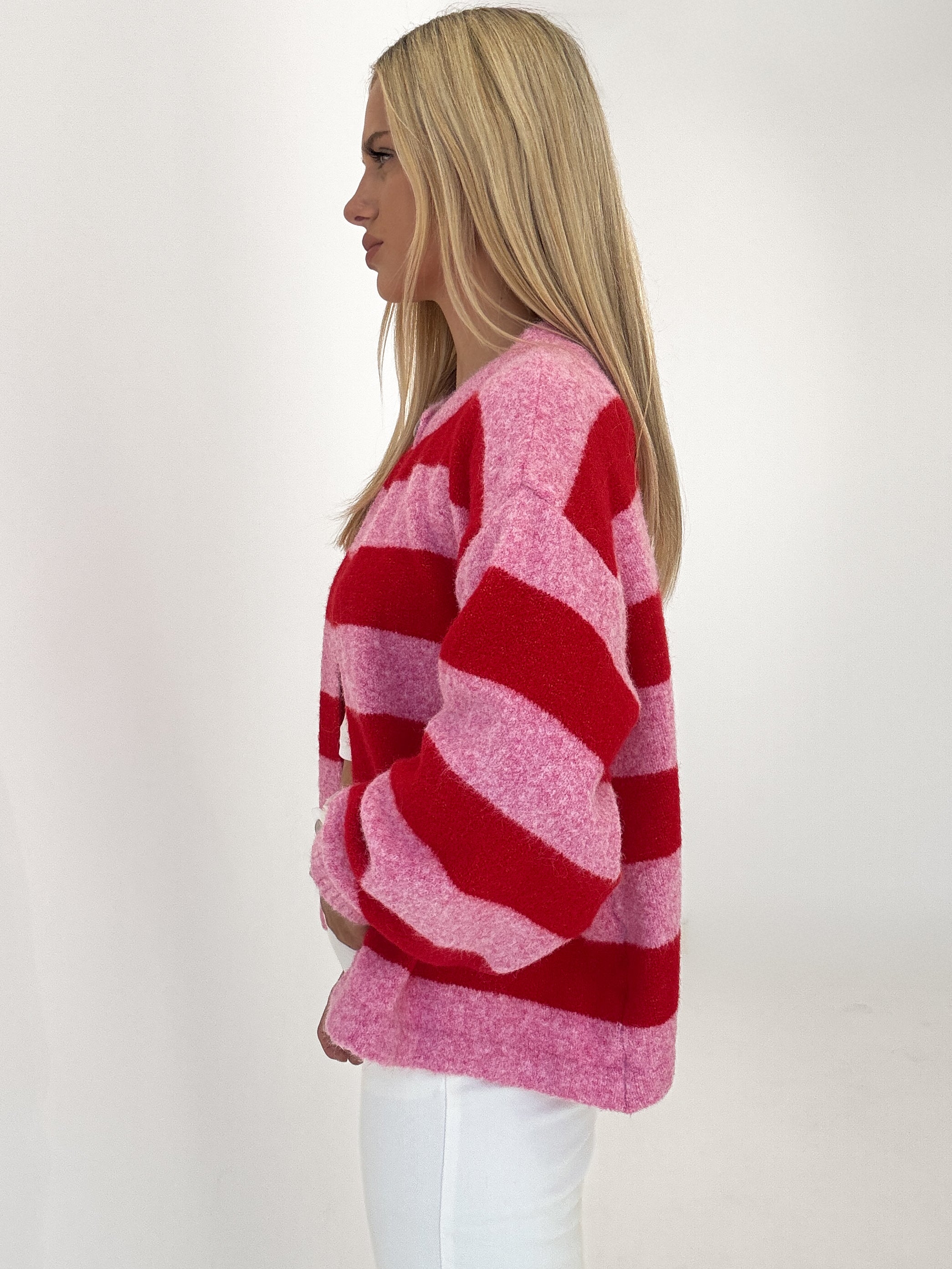"Palermo Stripes" Cardigan aus Lanawolle - rosa/rot