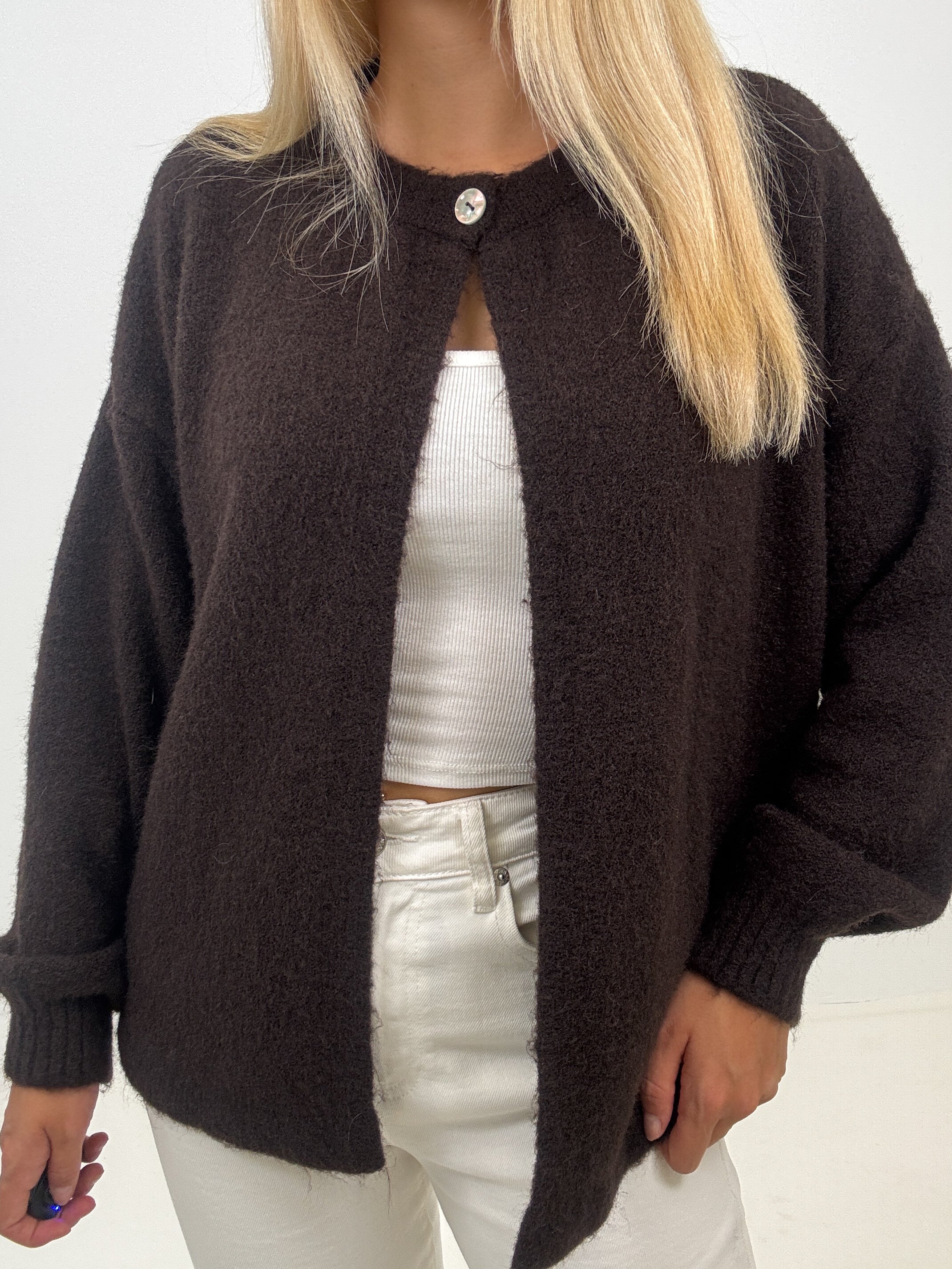 "Palermo" toller Cardigan aus Lanawolle mit Knopf - choco braun