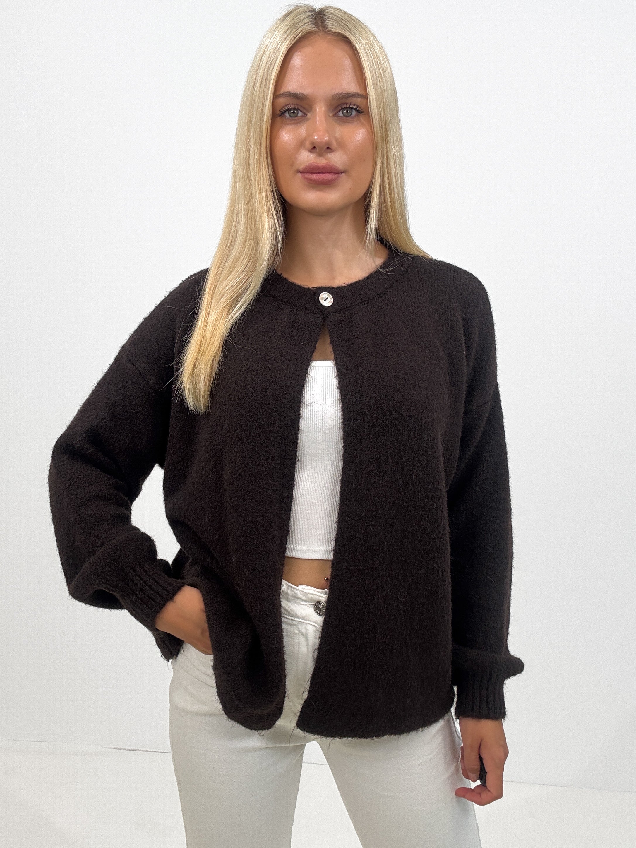 "Palermo" toller Cardigan aus Lanawolle mit Knopf - choco braun