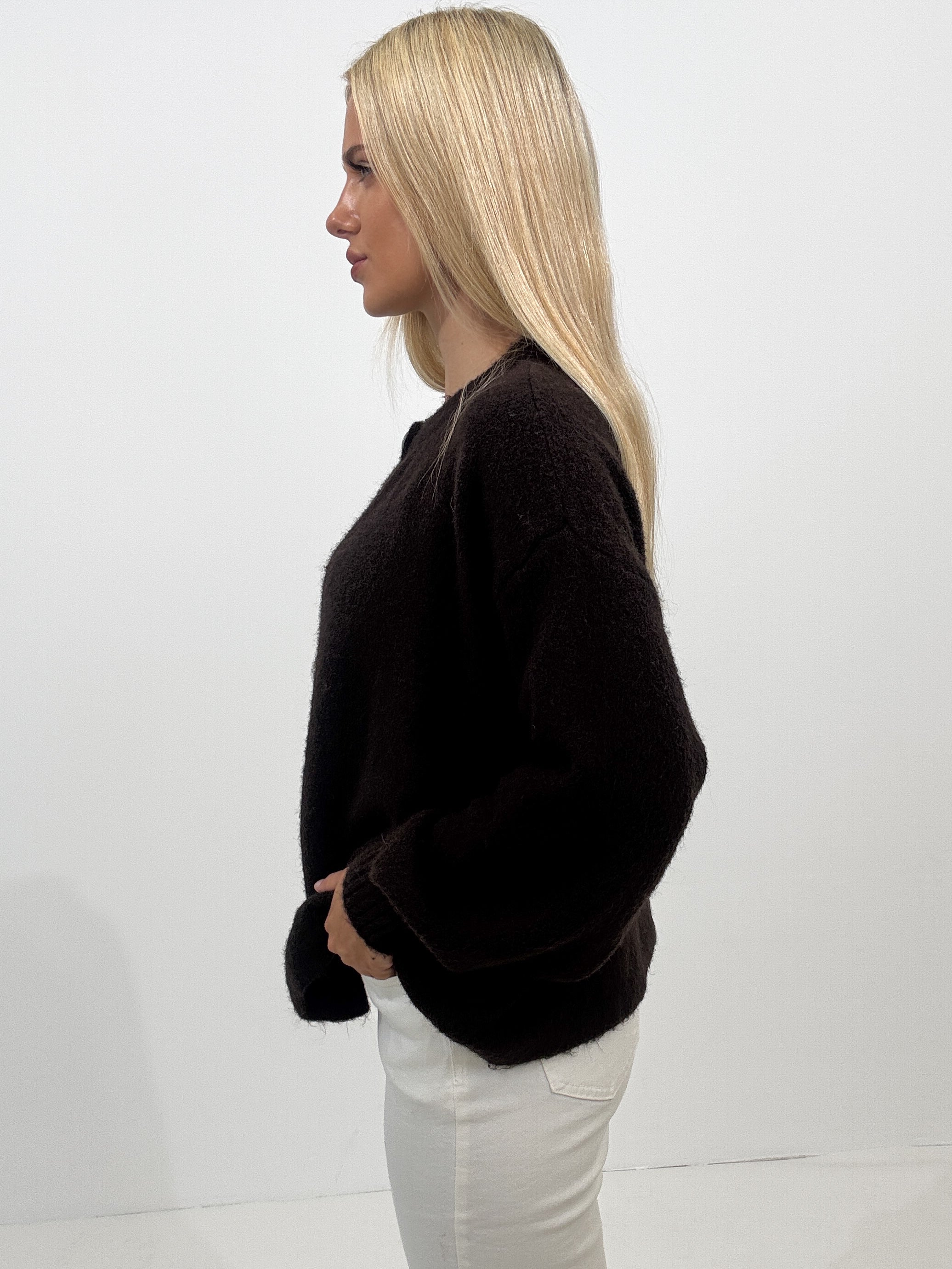 "Palermo" toller Cardigan aus Lanawolle mit Knopf - choco braun