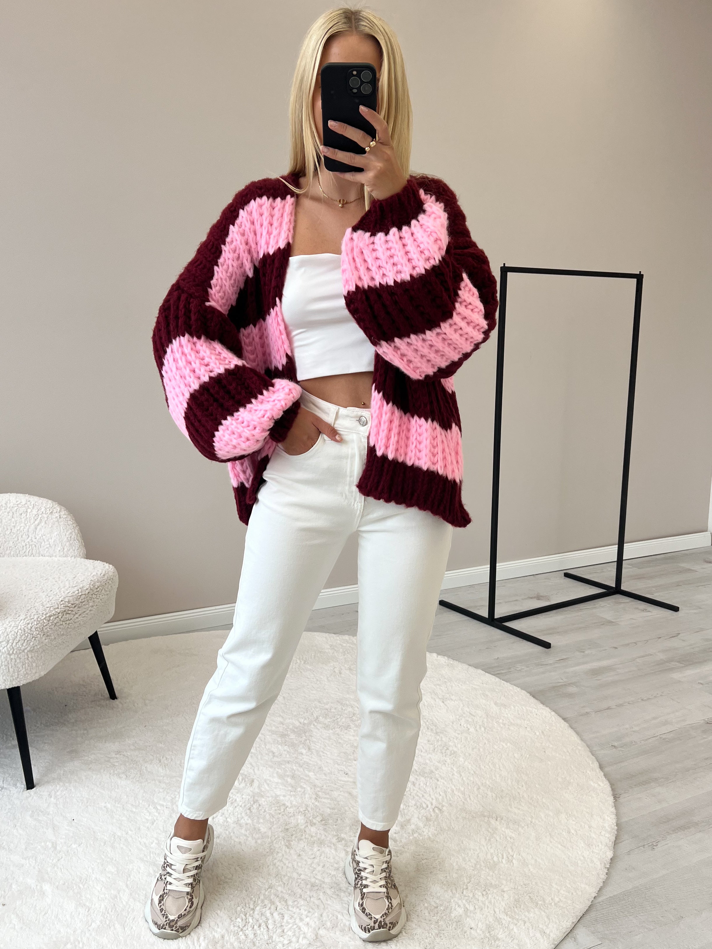 "Naima Stripes" kuscheliger Cardigan - rosa/bordeaux