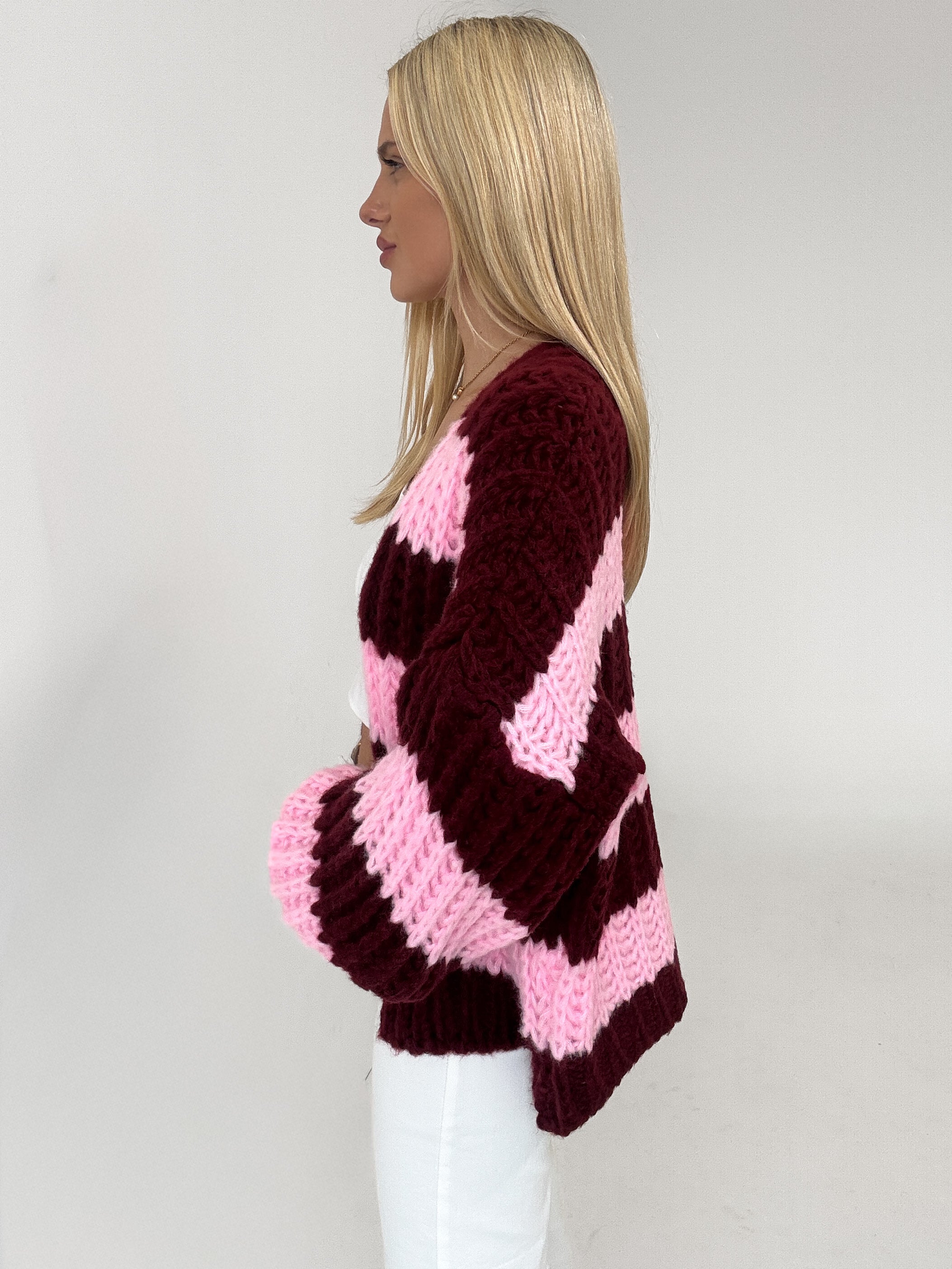"Naima Stripes" kuscheliger Cardigan - rosa/bordeaux
