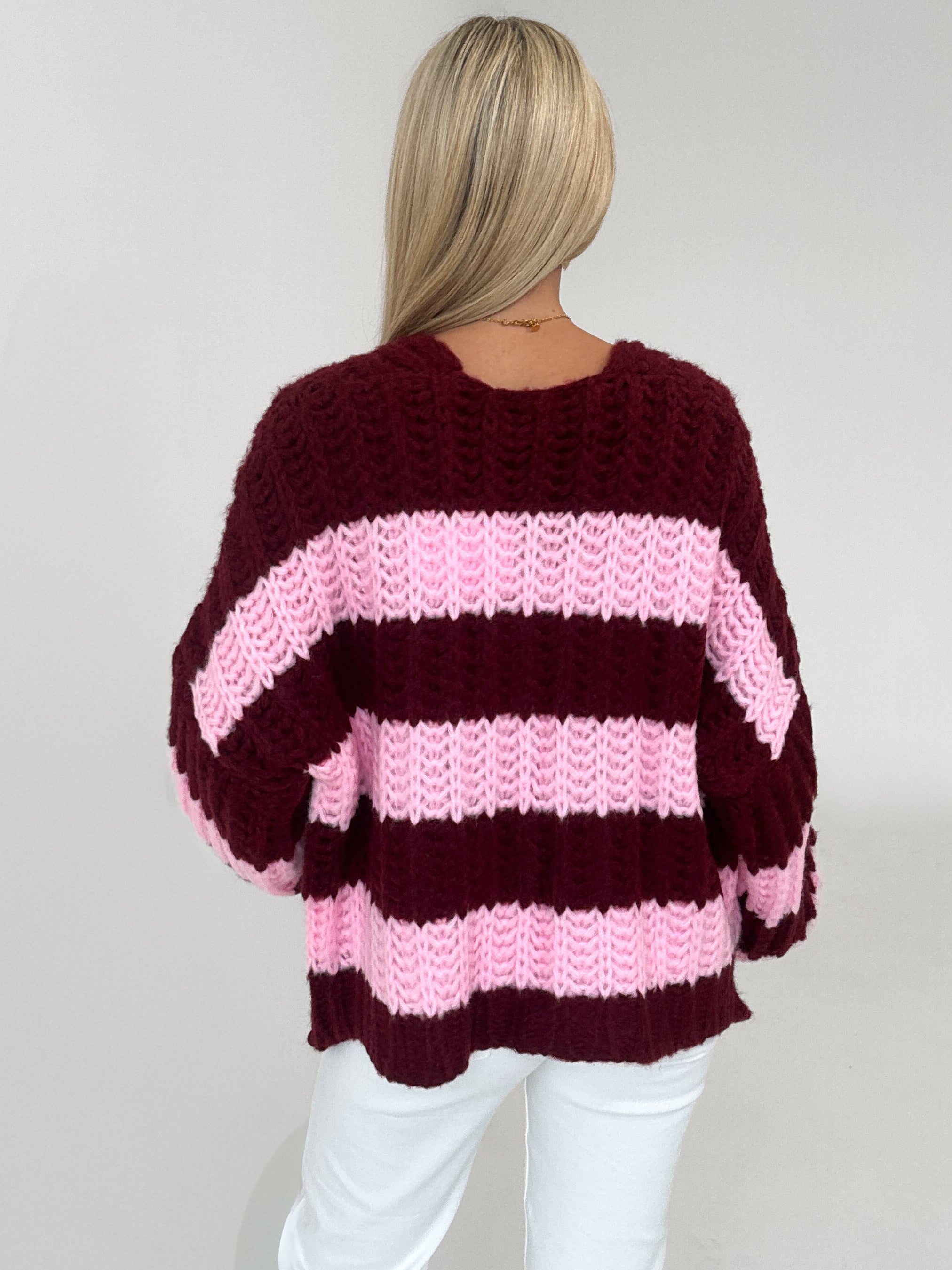 "Naima Stripes" kuscheliger Cardigan - rosa/bordeaux