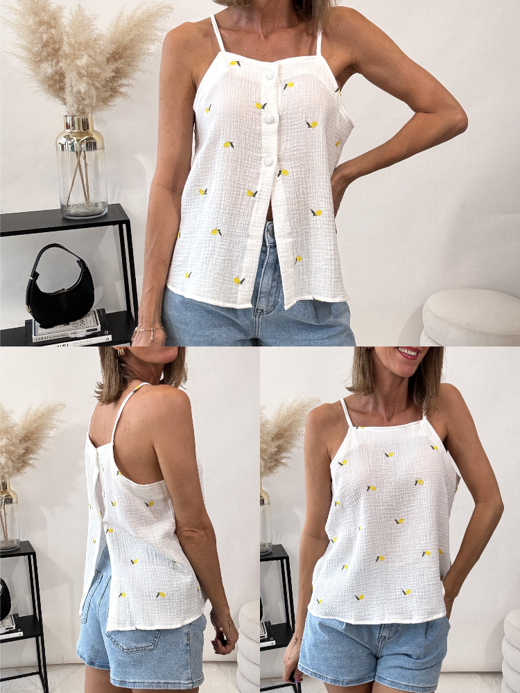 "Waffle Top Lemon" Top (Musselin) - weiss