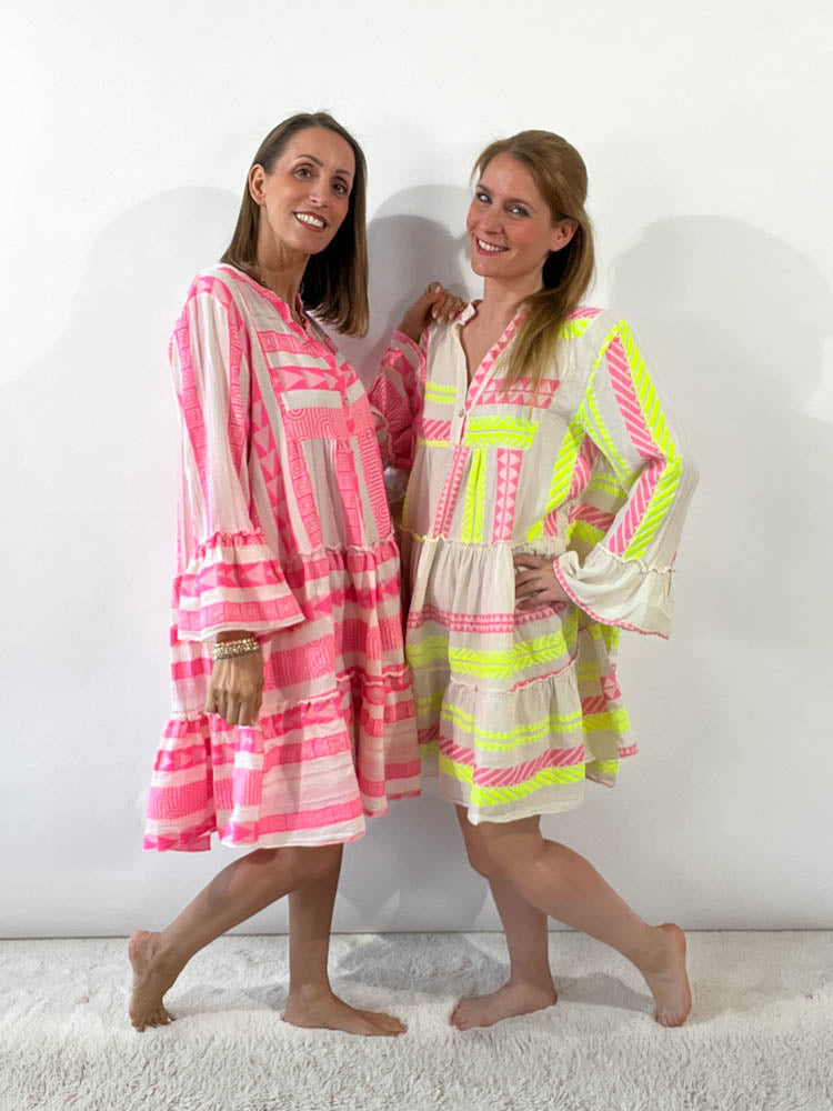 ,,Beach Midi"- Tunikakleid aus Baumwolle - pink/gelb