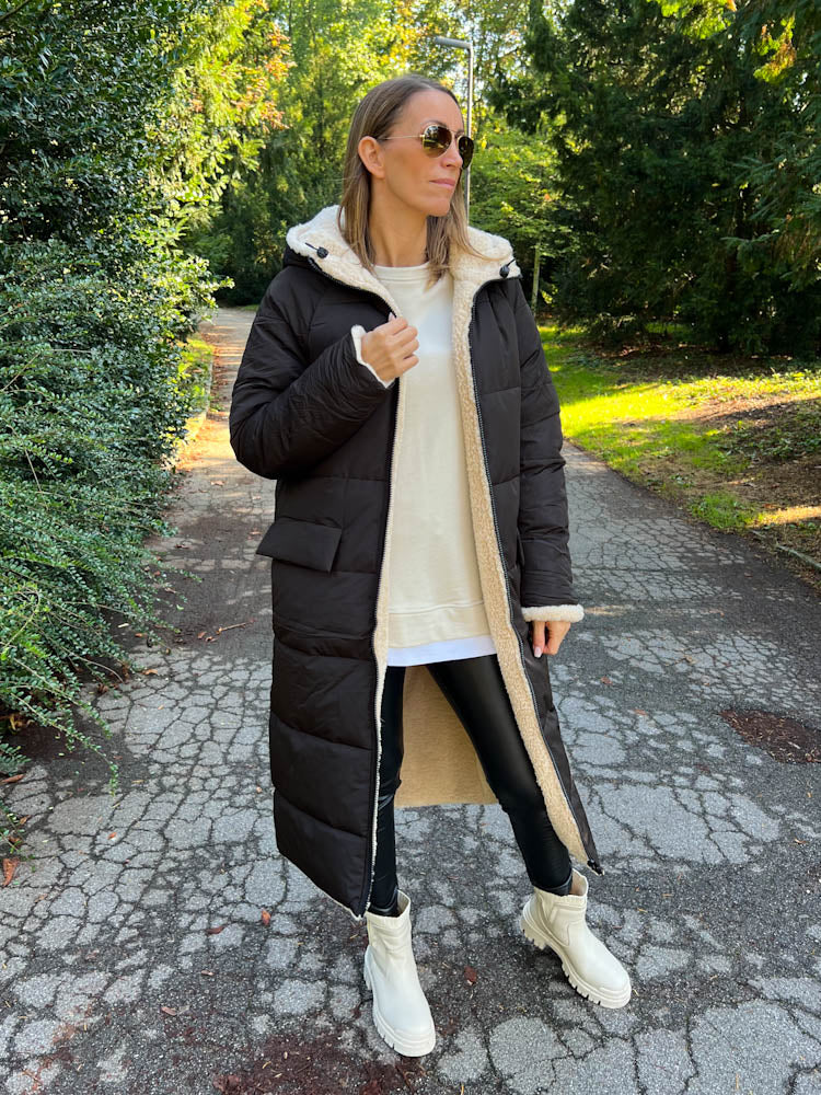 "Reversible" Gesteppte Wendejacke mit Teddyfell- schwarz/beige
