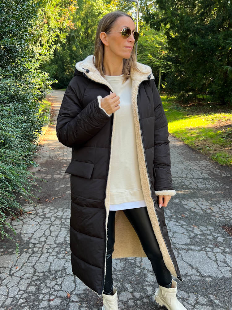 "Reversible" Gesteppte Wendejacke mit Teddyfell- schwarz/beige