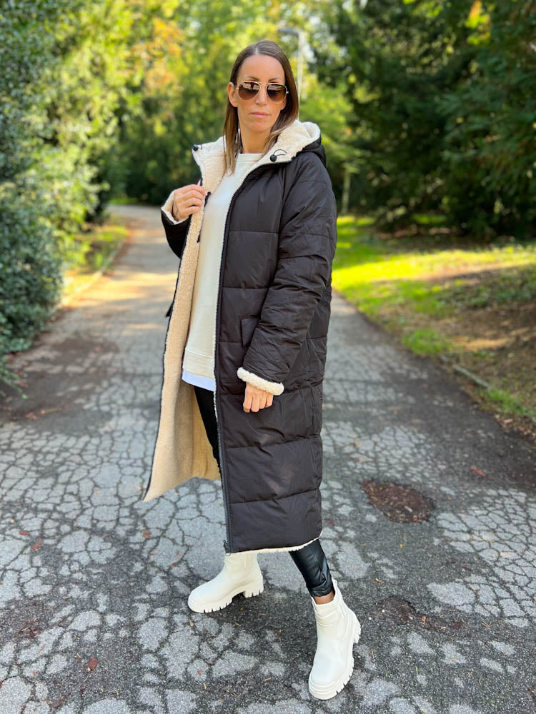 "Reversible" Gesteppte Wendejacke mit Teddyfell- schwarz/beige