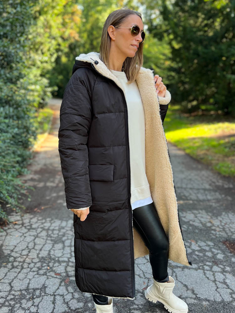 "Reversible" Gesteppte Wendejacke mit Teddyfell- schwarz/beige