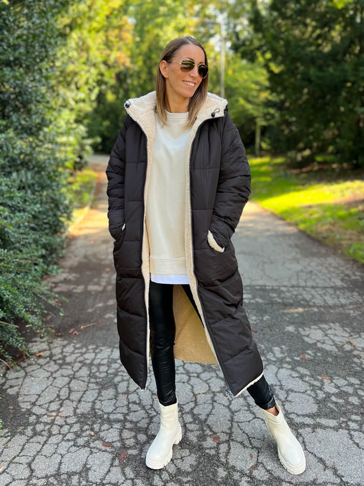 "Reversible" Gesteppte Wendejacke mit Teddyfell- schwarz/beige