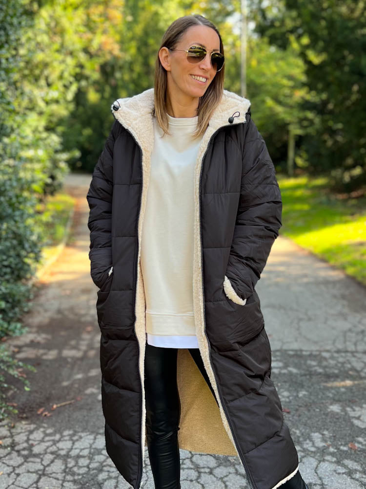"Reversible" Gesteppte Wendejacke mit Teddyfell- schwarz/beige