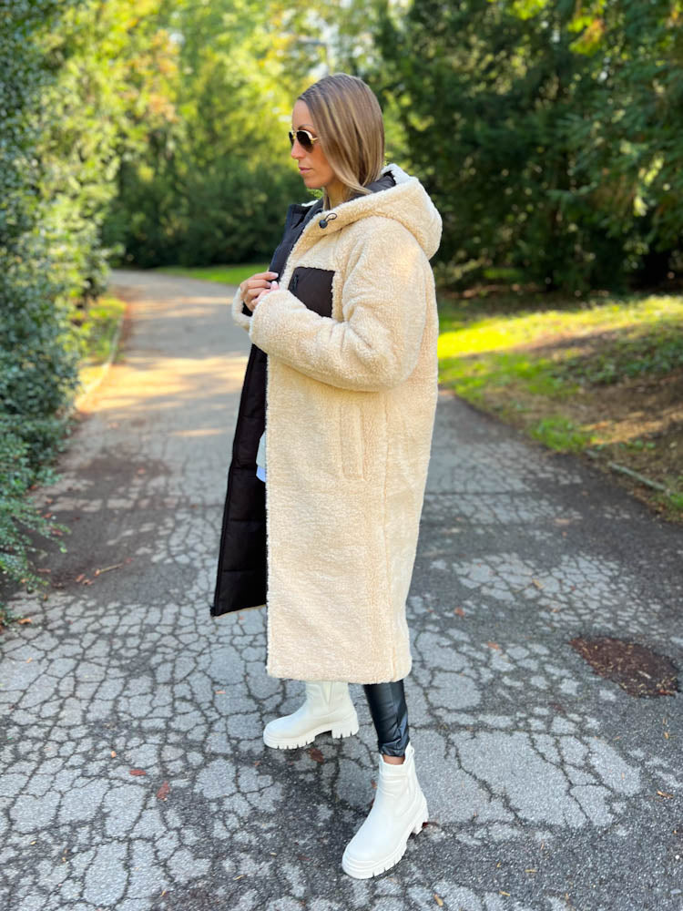 "Reversible" Gesteppte Wendejacke mit Teddyfell- schwarz/beige