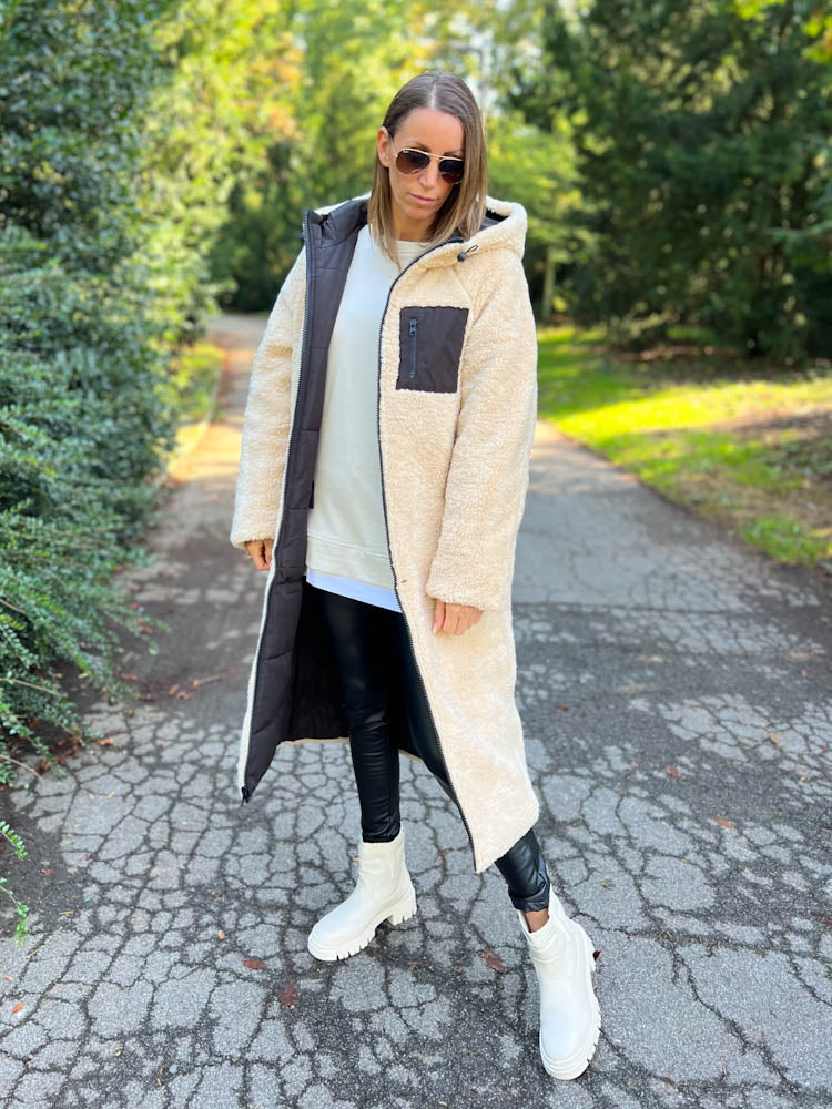 "Reversible" Gesteppte Wendejacke mit Teddyfell- schwarz/beige