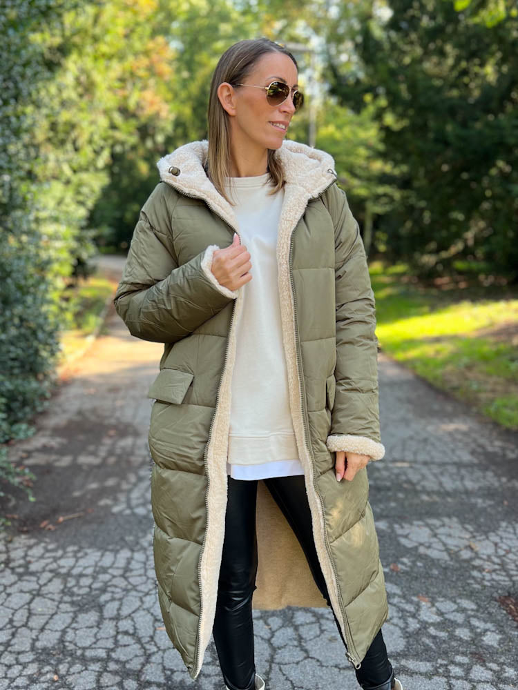 "Reversible" Gesteppte Wendejacke mit Teddyfell- khaki/beige