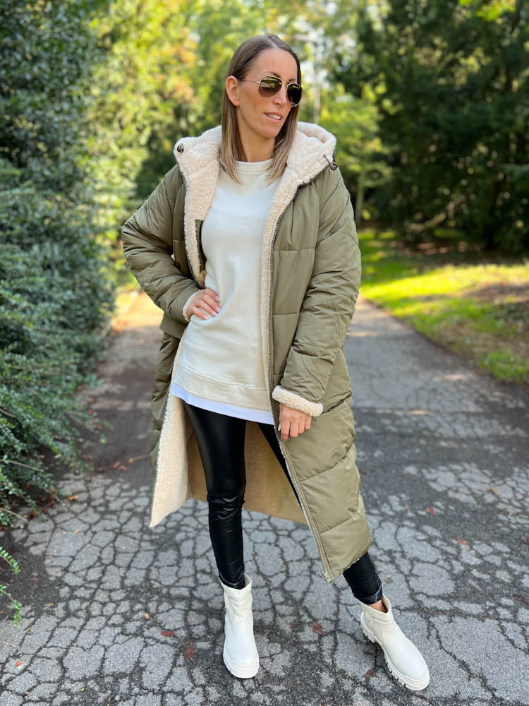 "Reversible" Gesteppte Wendejacke mit Teddyfell- khaki/beige