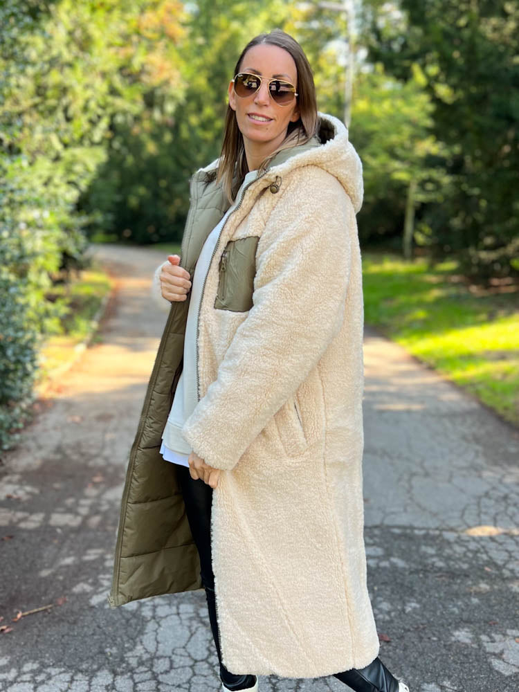 "Reversible" Gesteppte Wendejacke mit Teddyfell- khaki/beige