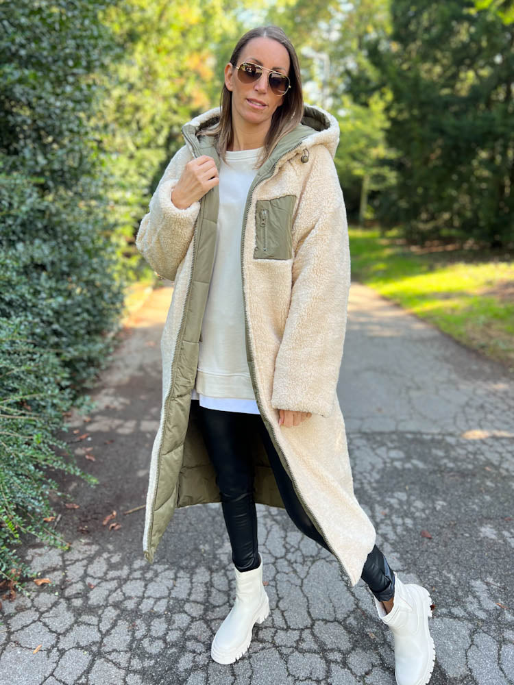 "Reversible" Gesteppte Wendejacke mit Teddyfell- khaki/beige