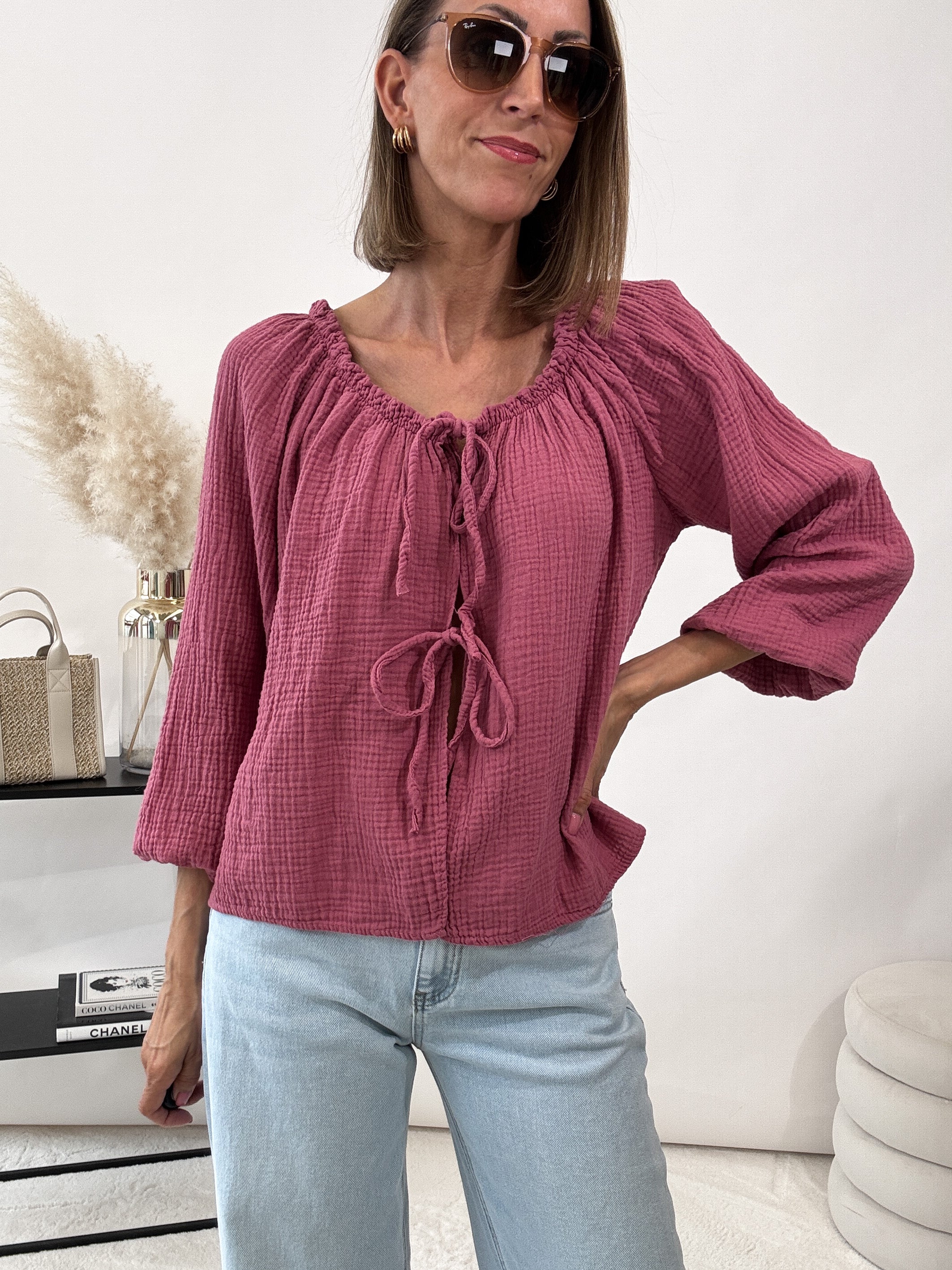 "Sweet Bow" Cardigan mit Schleifen (Musselin) - berry