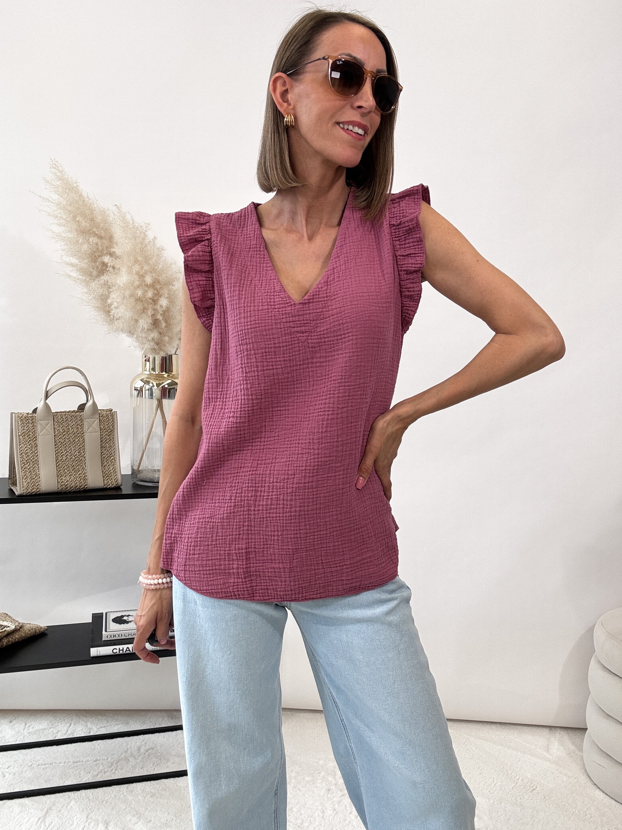 "Waffle" Musselin Top aus Baumwolle - berry