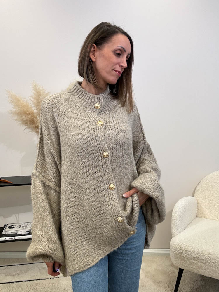 "Cozy Button" kuscheliger Oversize Cardigan - taupe
