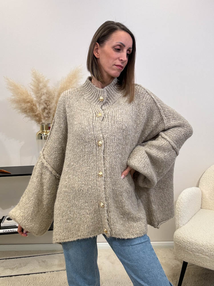 "Cozy Button" kuscheliger Oversize Cardigan - taupe
