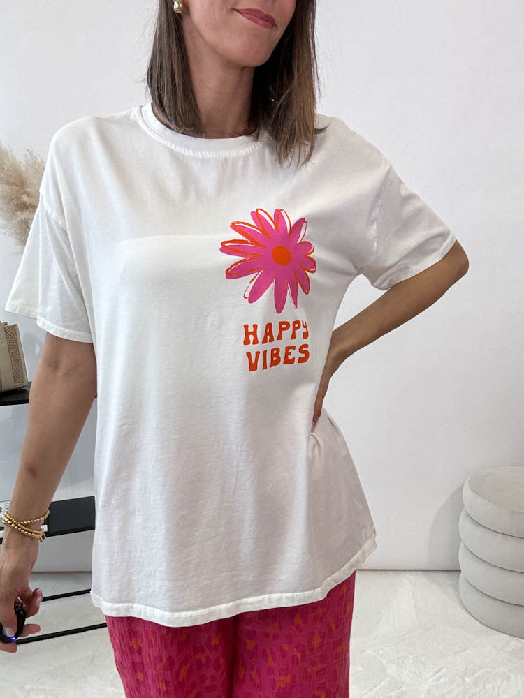 "Happy Vibes" Shirt mit Statement - weiß