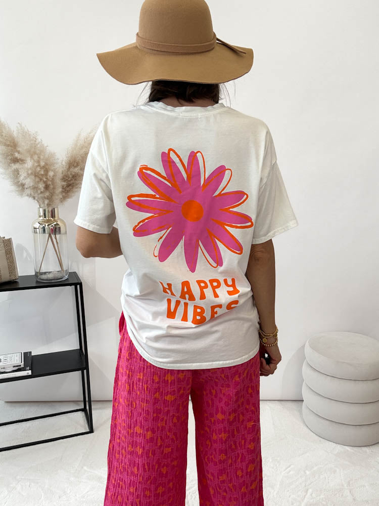 "Happy Vibes" Shirt mit Statement - weiß