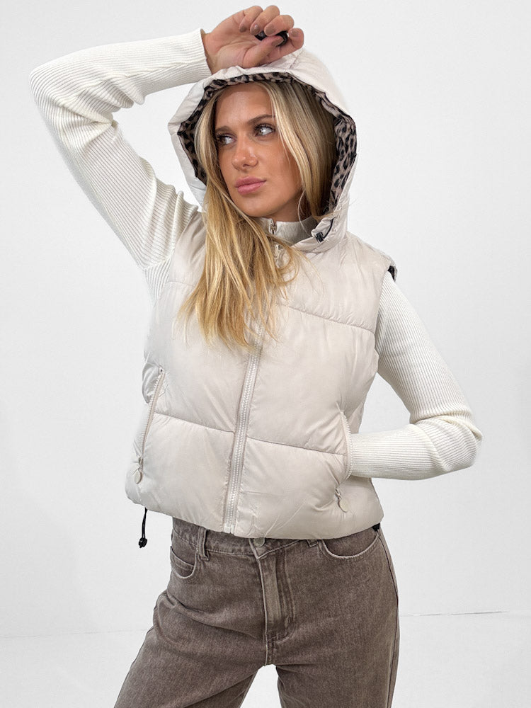 "Saline" kurze Leo-Wendeweste mit Kapuze - beige