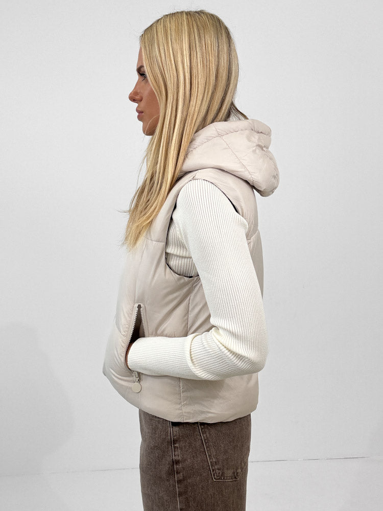 "Saline" kurze Leo-Wendeweste mit Kapuze - beige