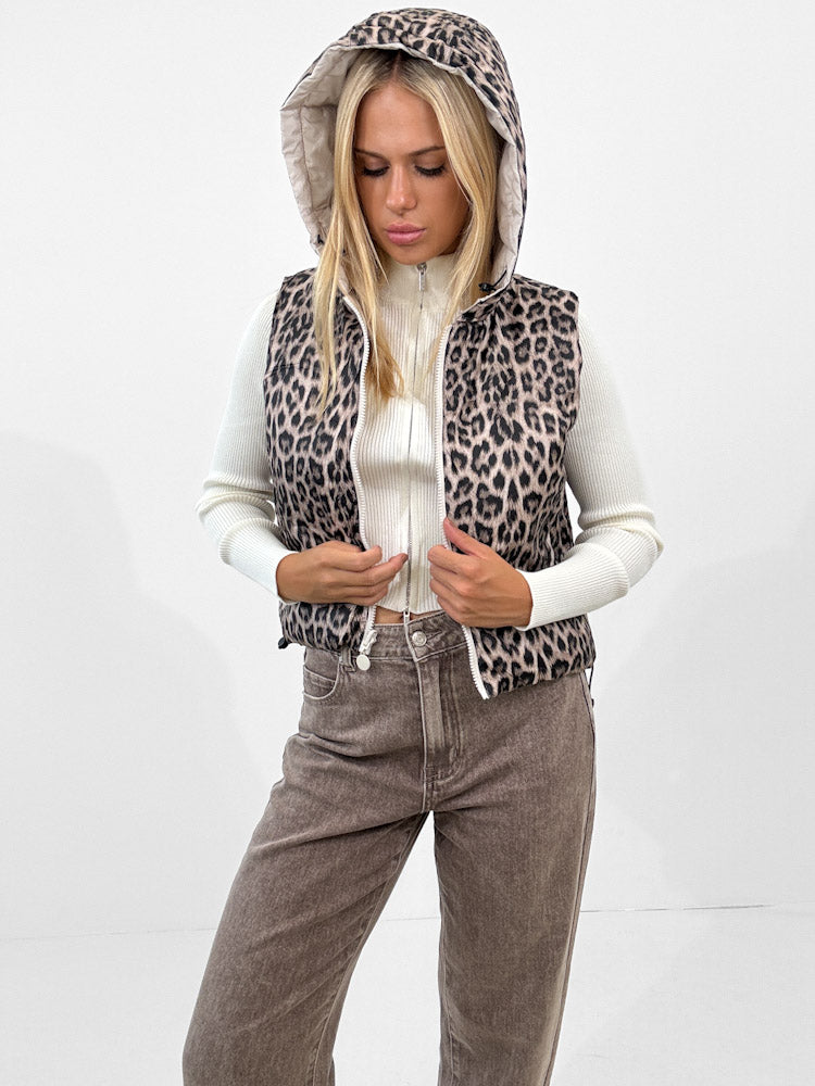"Saline" kurze Leo-Wendeweste mit Kapuze - beige