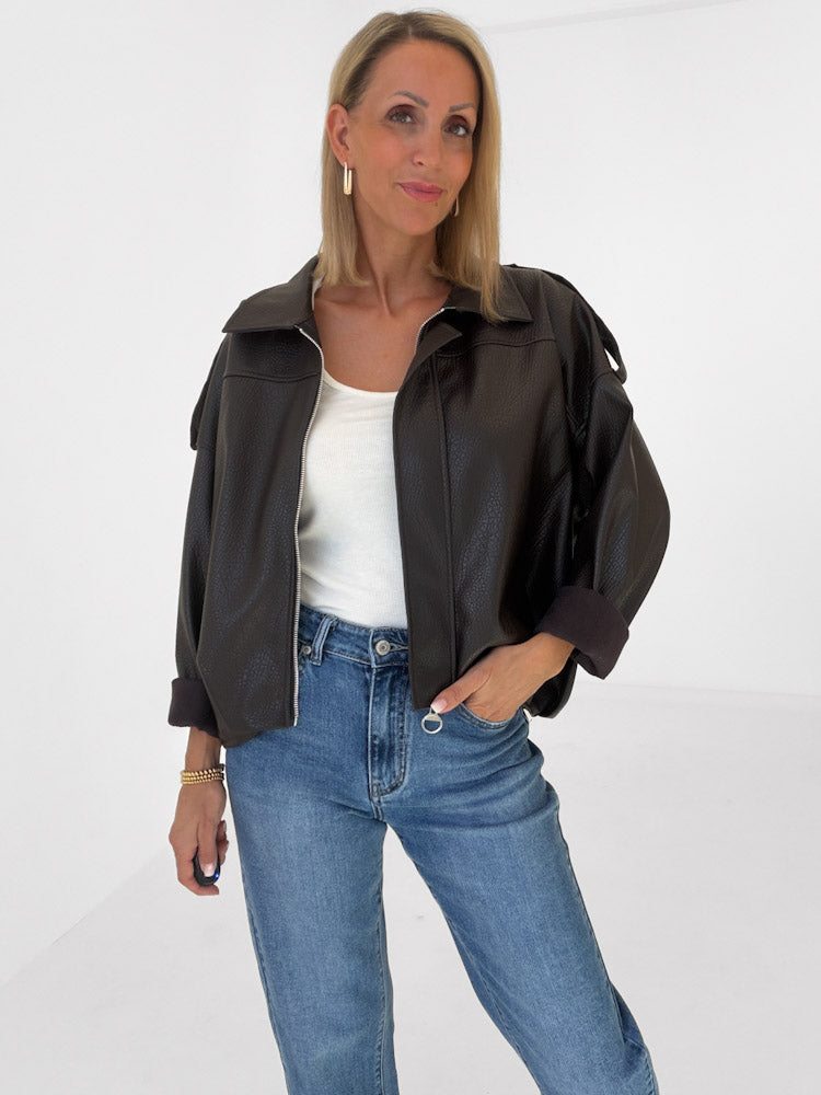 "Denver" tolle Bikerjacke in Lederoptik - chocobraun