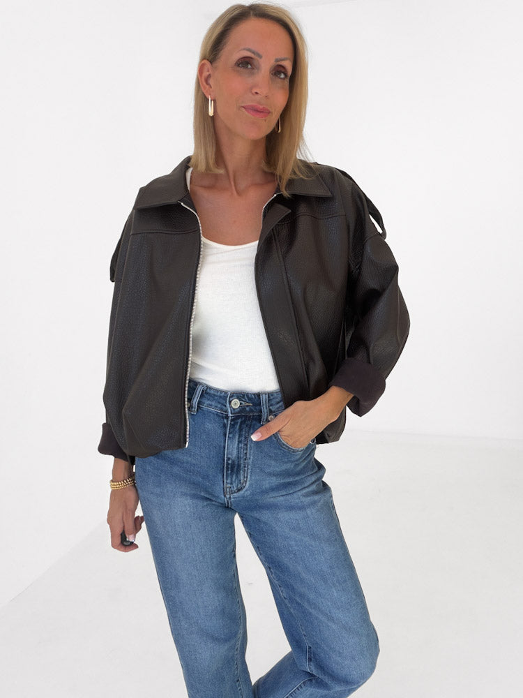 "Denver" tolle Bikerjacke in Lederoptik - chocobraun