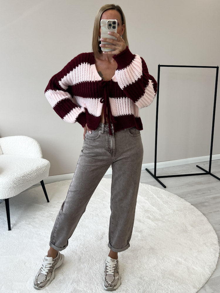 "Malibu Stripes" weicher Cardigan mit Schleifen - rosa/bordeaux