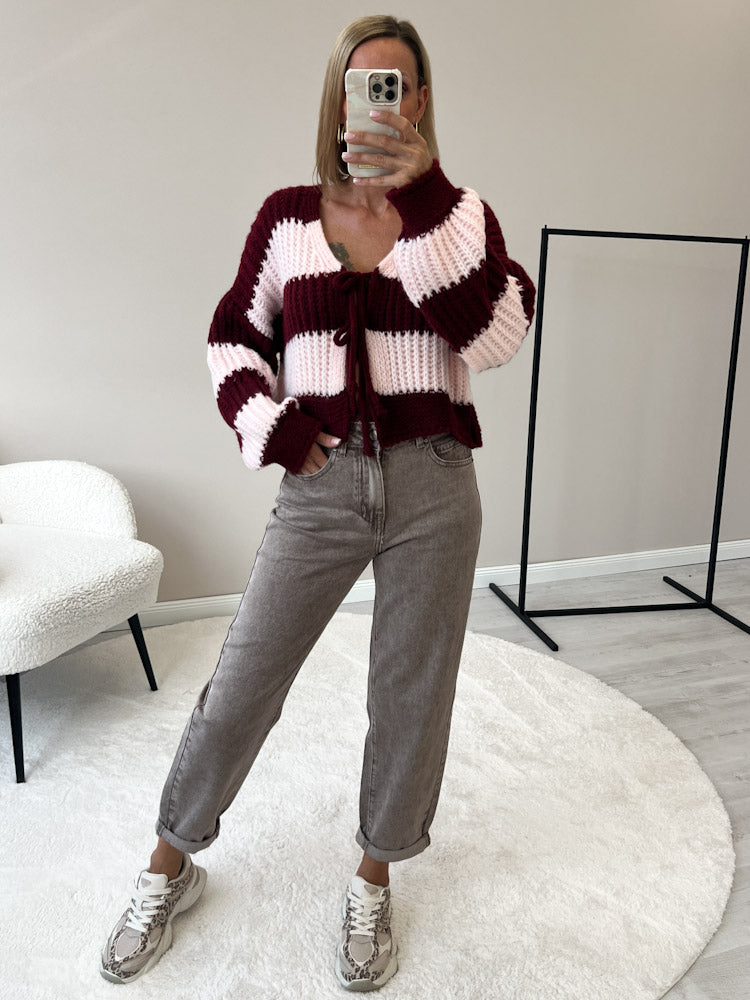 "Malibu Stripes" weicher Cardigan mit Schleifen - rosa/bordeaux