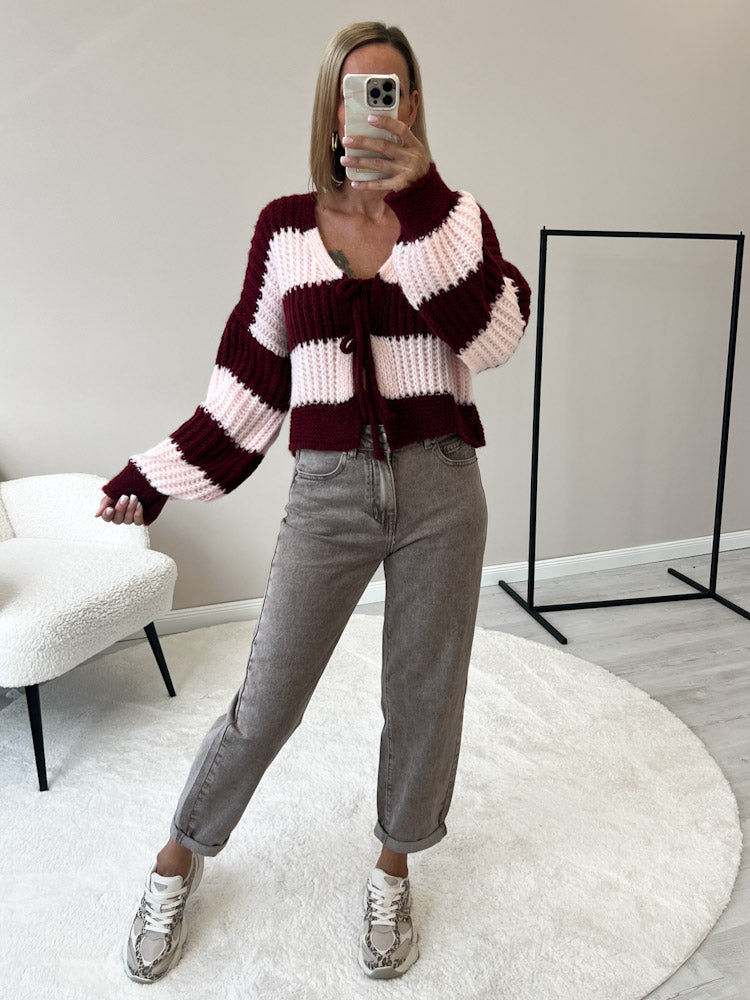 "Malibu Stripes" weicher Cardigan mit Schleifen - rosa/bordeaux