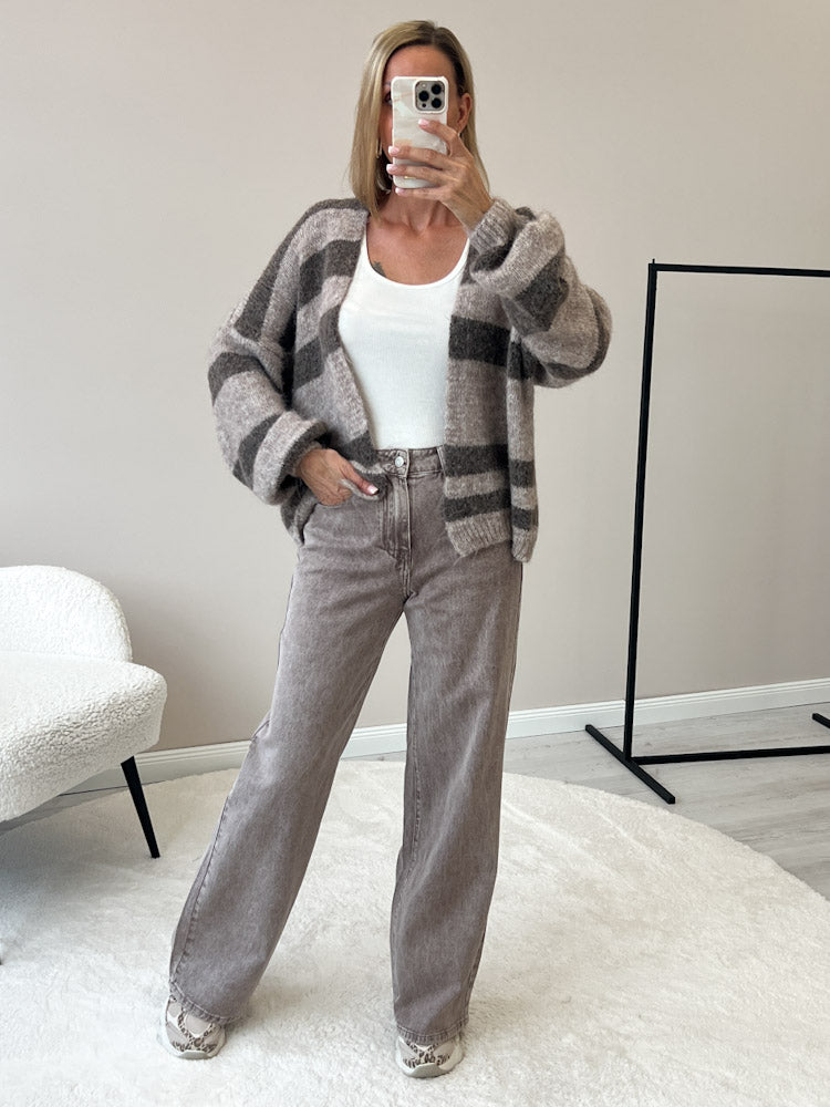 "Mela Stripes" weicher Cardigan mit Alpaka & Lana Wolle - mocca