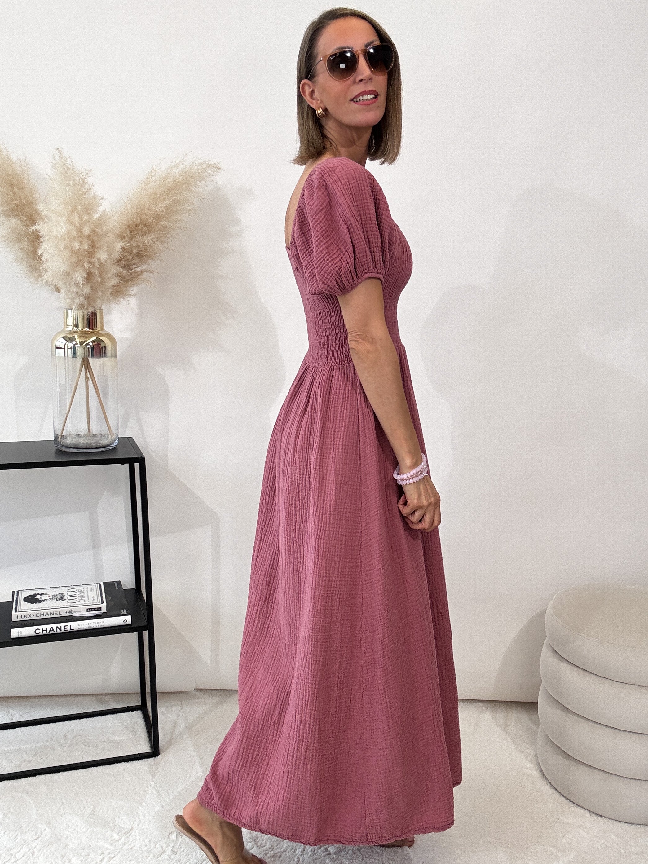 "Turino Waffel Dress" - schönes Maxikleid aus Musselin - berry