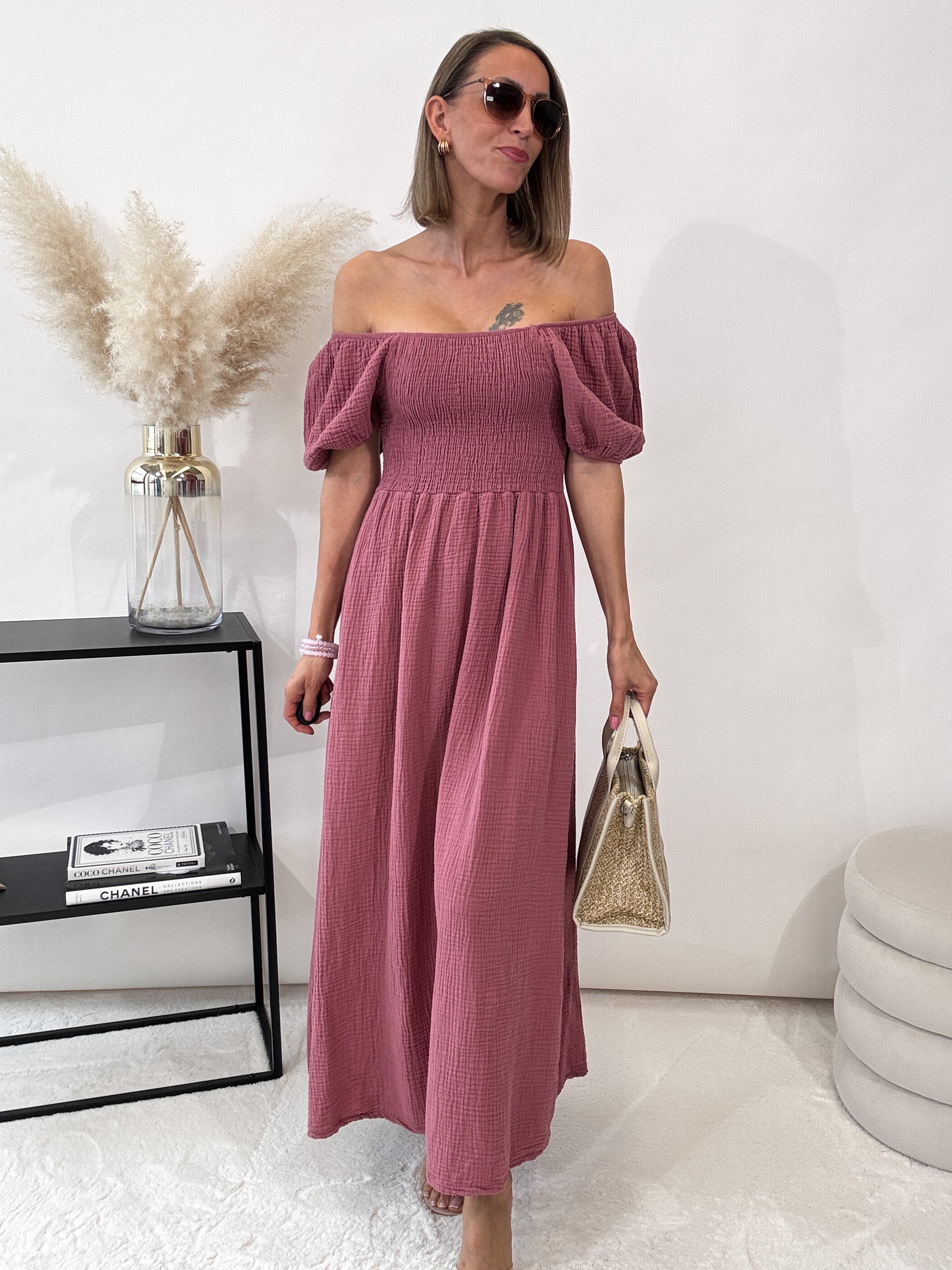 ,,Turino Waffel Dress" - Maxikleid aus Musselin - berry