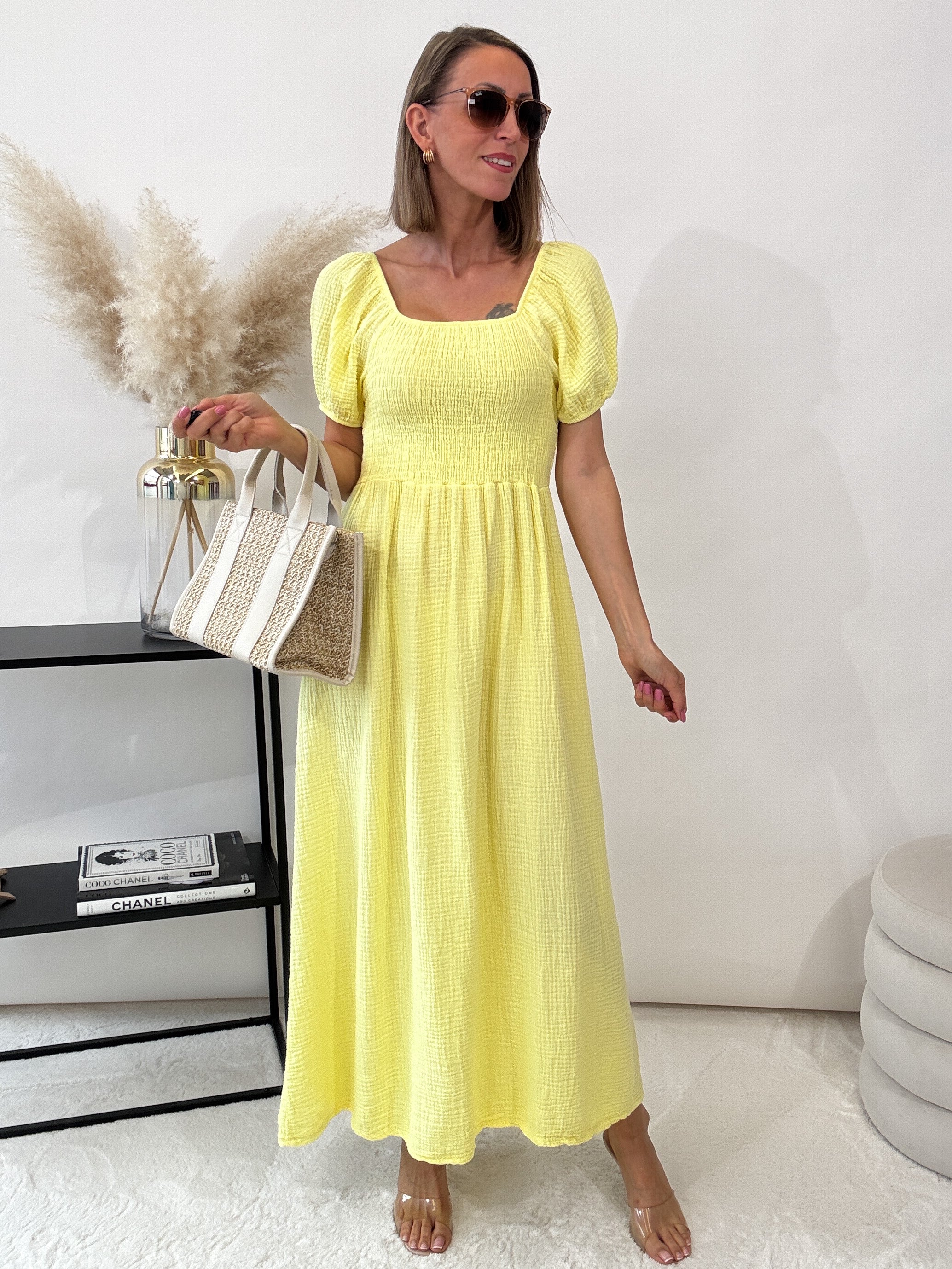 ,,Turino Waffel Dress" - Maxikleid aus Musselin - gelb