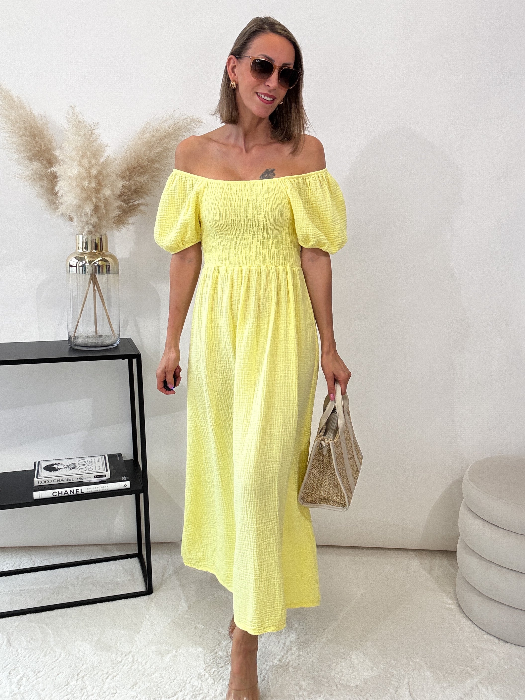 ,,Turino Waffel Dress" - Maxikleid aus Musselin - gelb