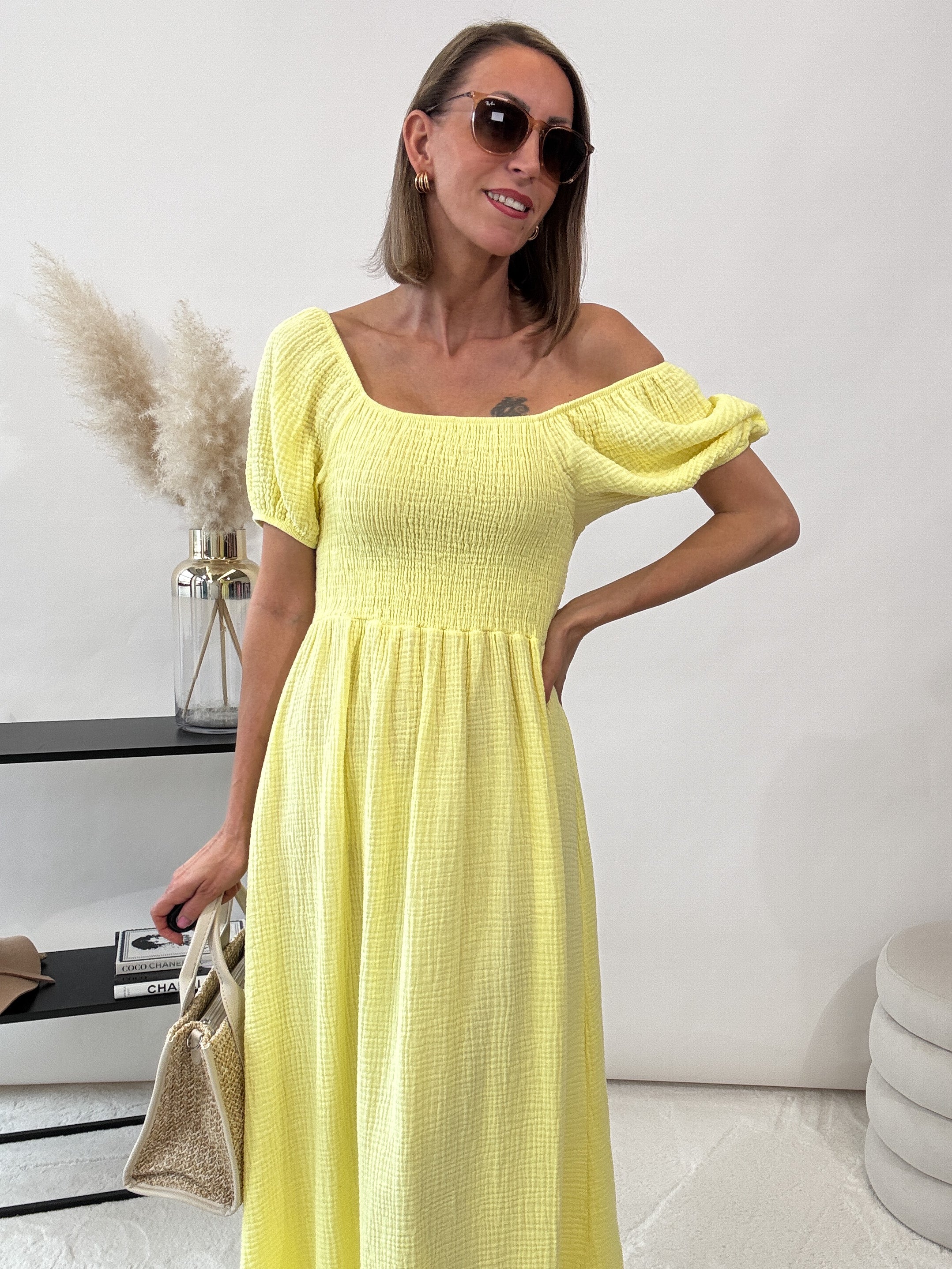 ,,Turino Waffel Dress" - Maxikleid aus Musselin - gelb