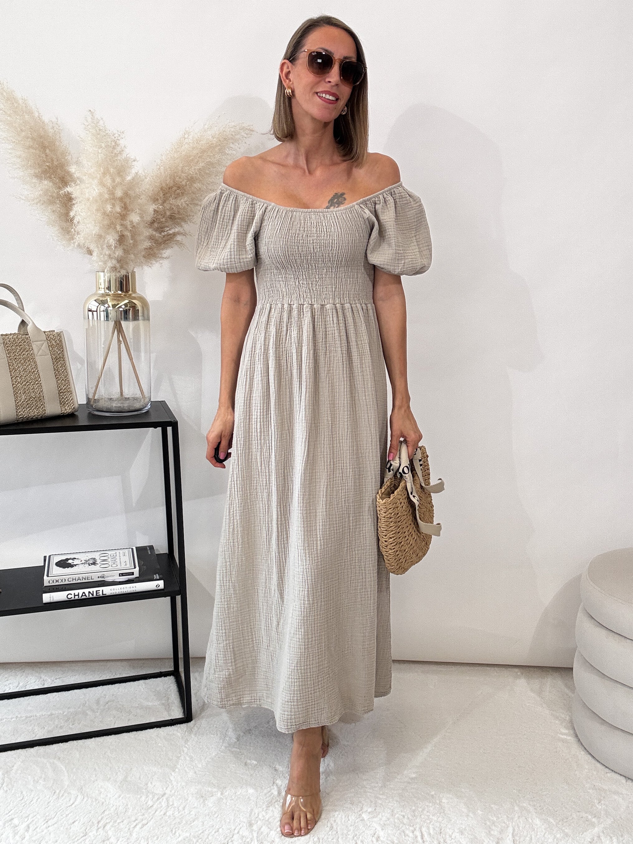 ,,Turino Waffel Dress" - Maxikleid aus Musselin - dunkelbeige
