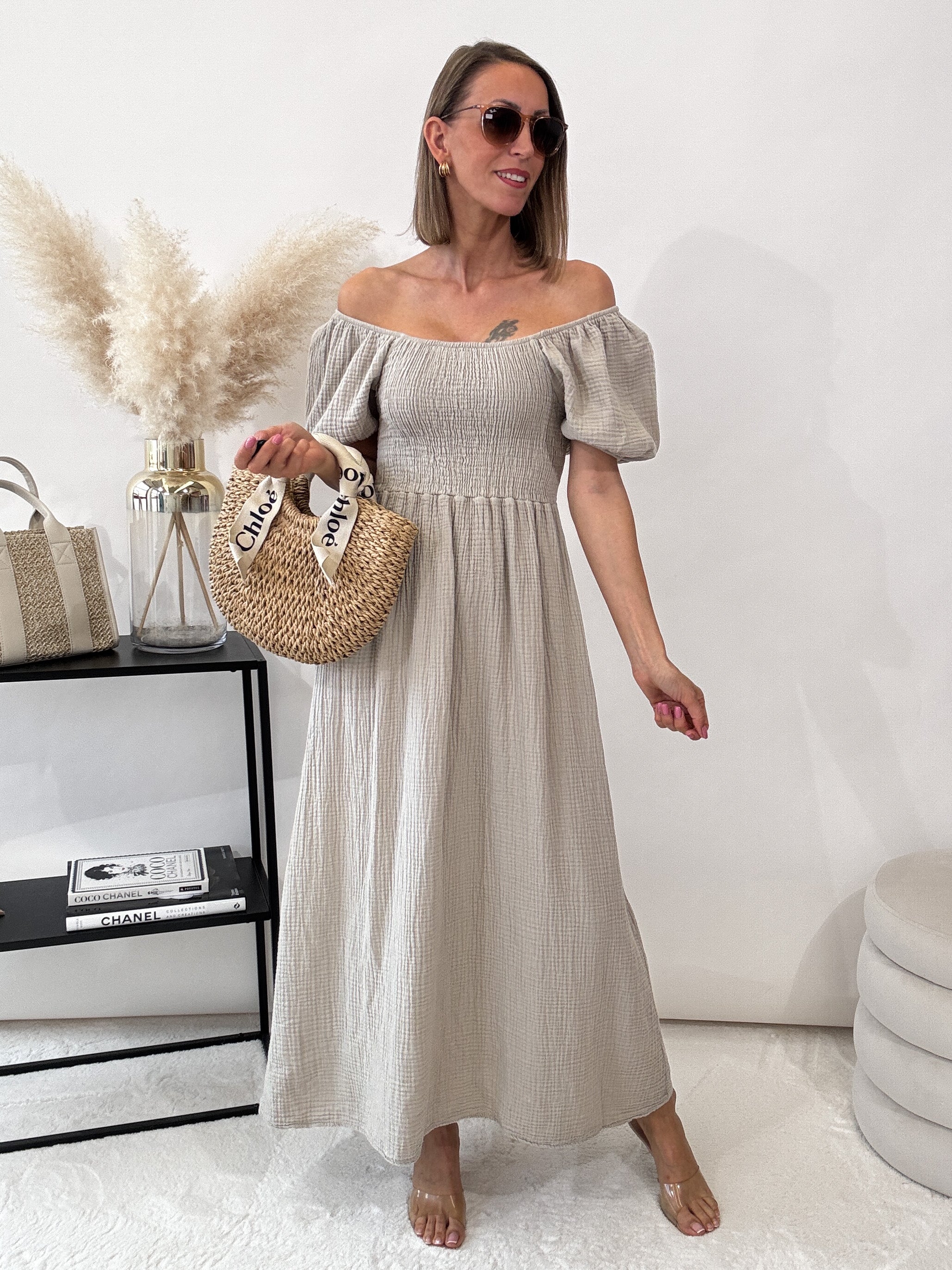 ,,Turino Waffel Dress" - Maxikleid aus Musselin - dunkelbeige
