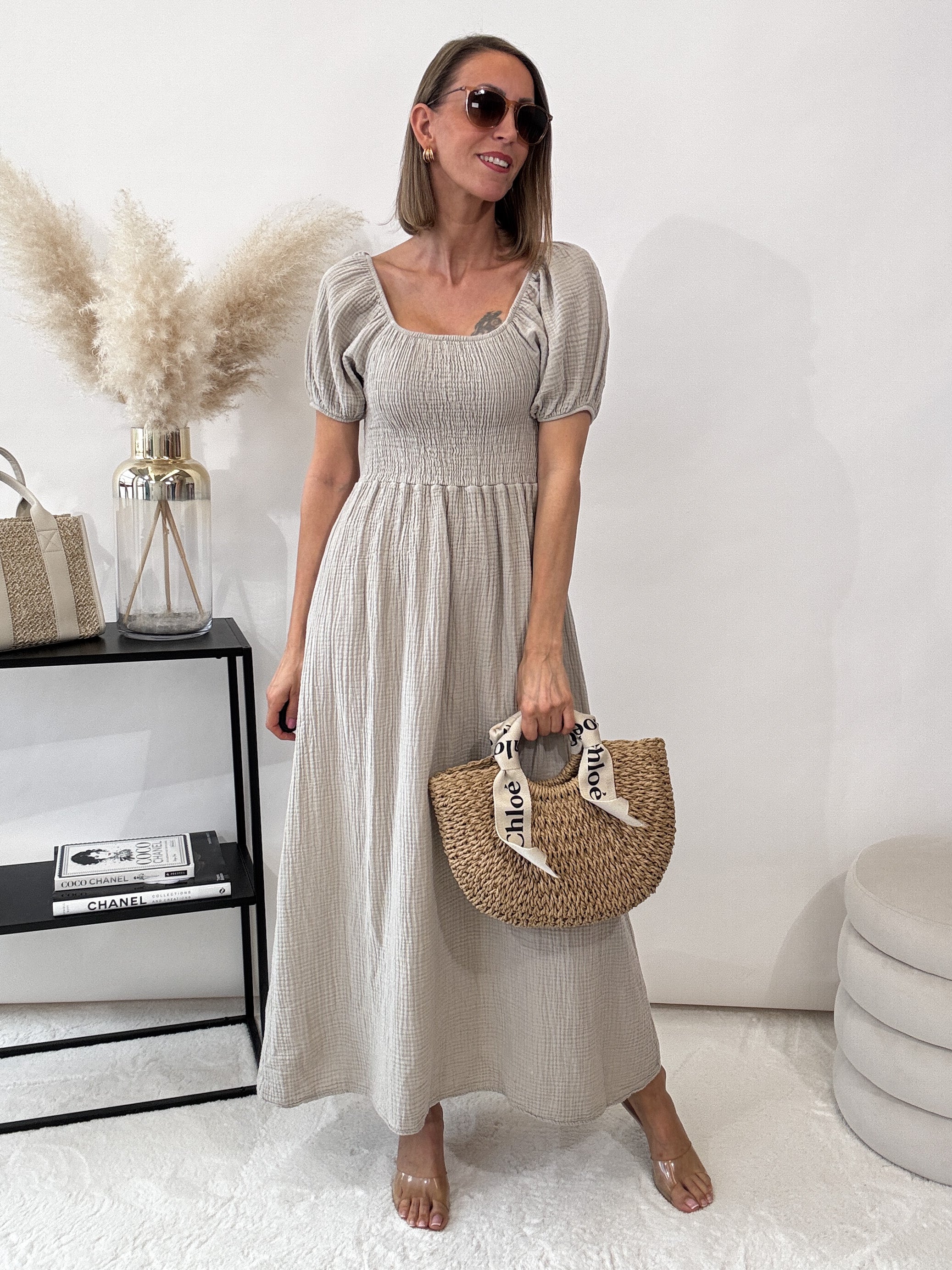 ,,Turino Waffel Dress" - Maxikleid aus Musselin - dunkelbeige