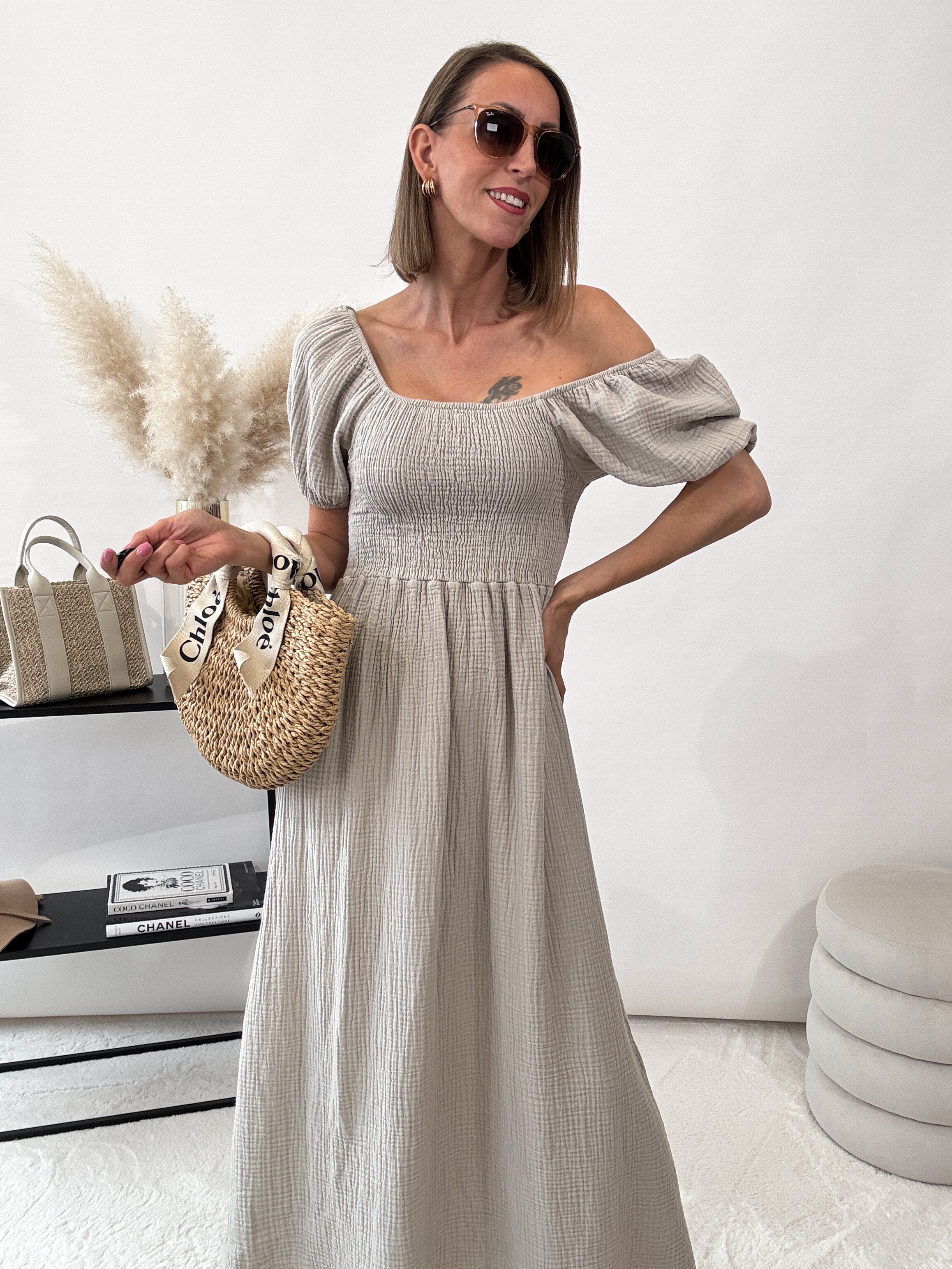 ,,Turino Waffel Dress" - Maxikleid aus Musselin - dunkelbeige