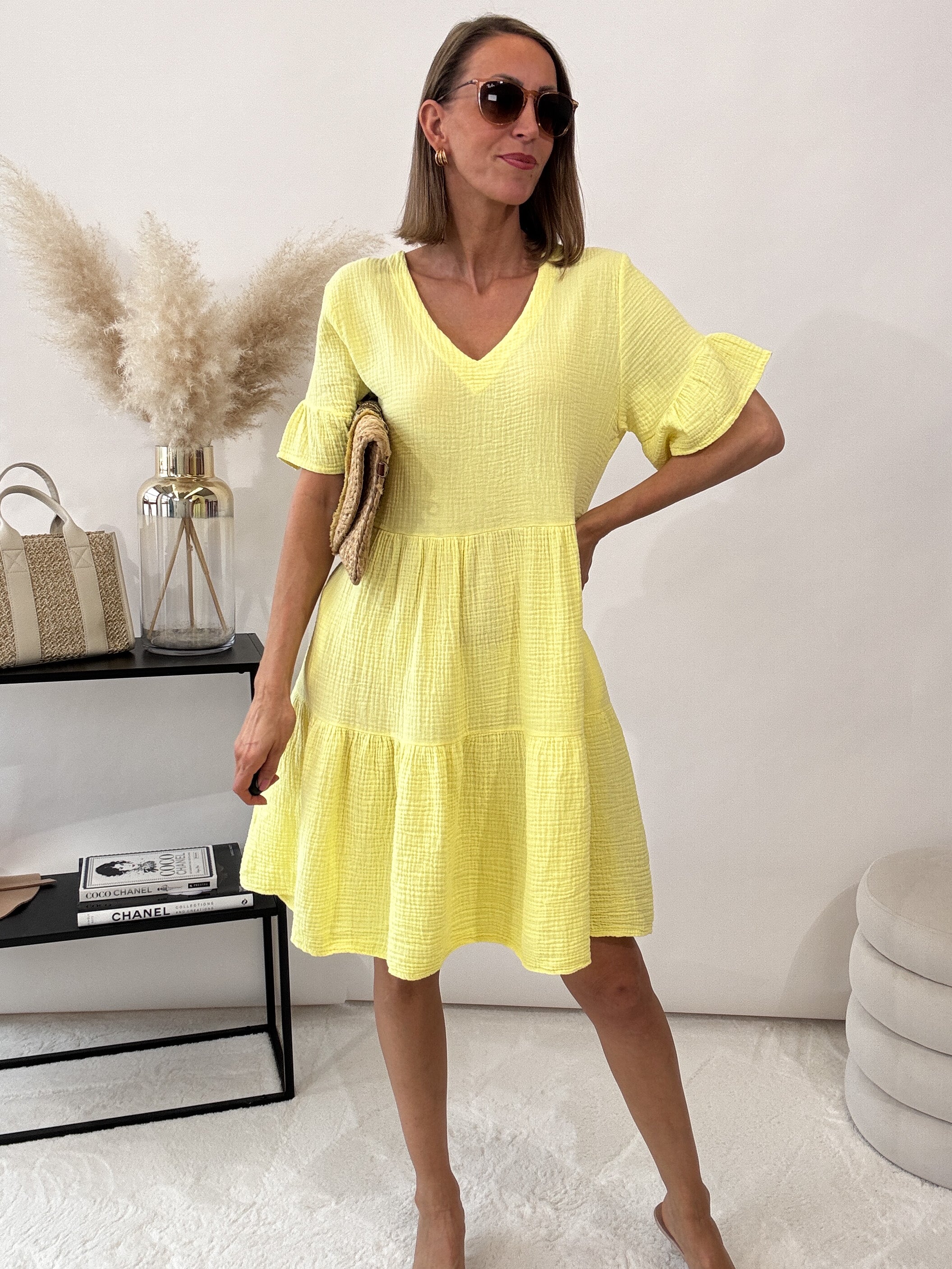 ,,Waffel Sun"- Tunikakleid aus Baumwolle (Musselin) - gelb